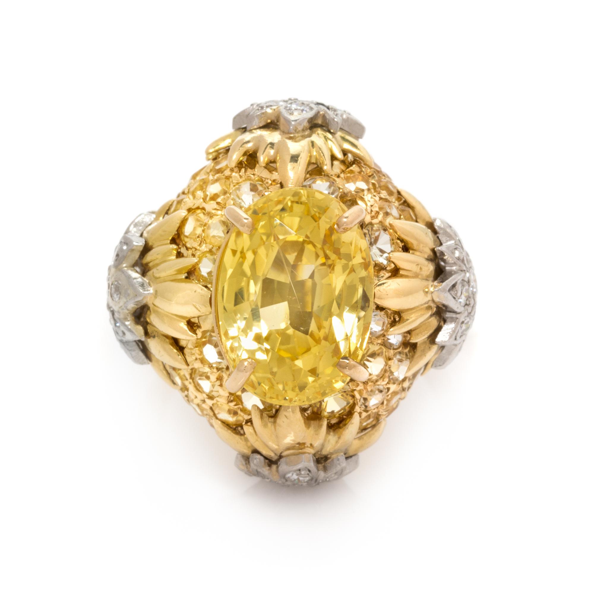 An 18 Karat Yellow Gold, Platinum, Yellow Sapphire and Diamond Ring, 9.70 dwts.