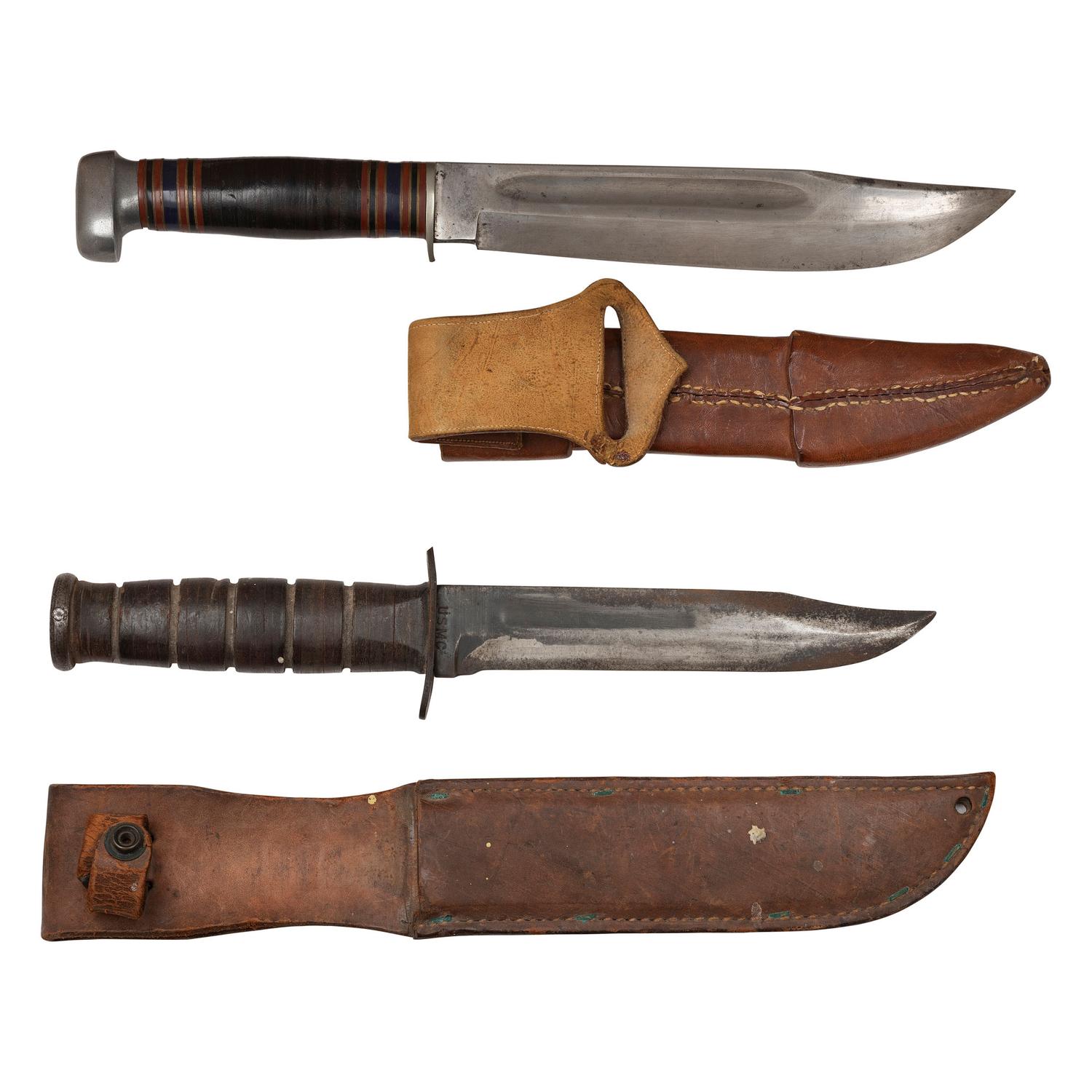 Lot of 5 WWII Fighting Knives including: USN Mark I, Sykes Fairbairn, USMC Ka-Bar, Phillippine Punal, Czech bayonet, and Theater Knife