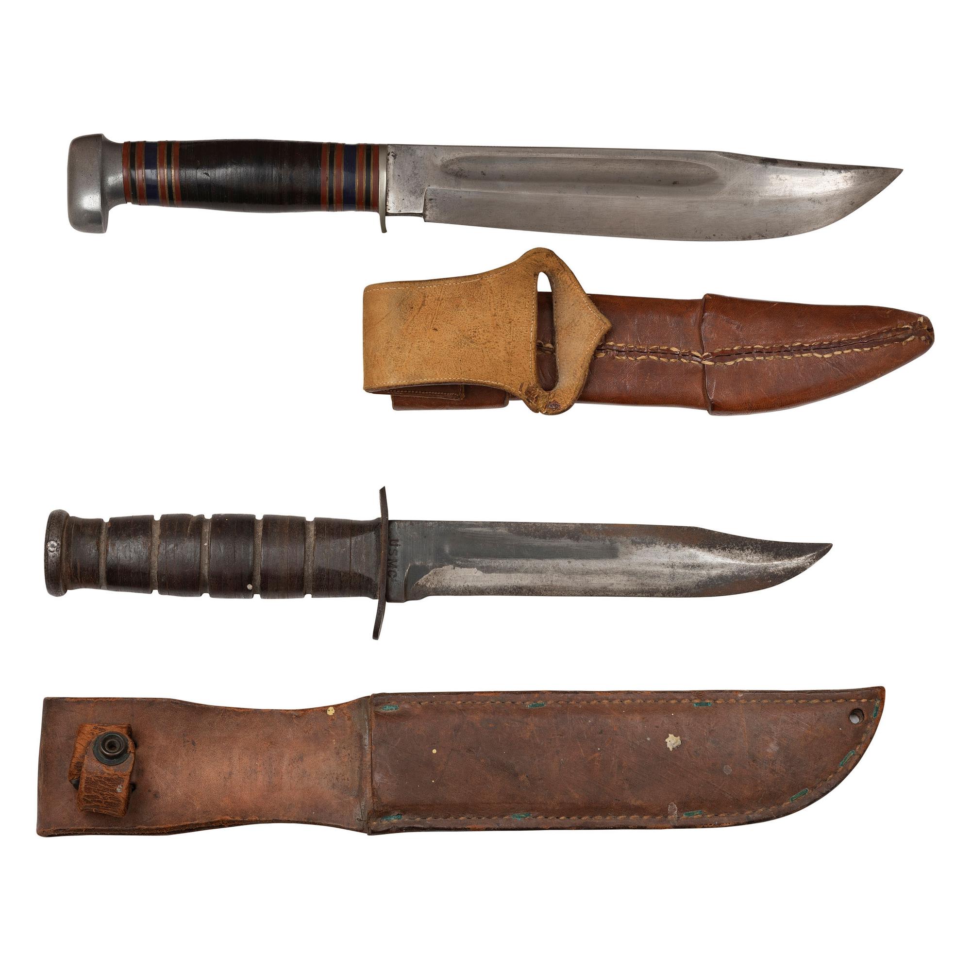Lot of 5 WWII Fighting Knives including: USN Mark I, Sykes Fairbairn, USMC Ka-Bar, Phillippine Punal, Czech bayonet, and Theater Knife