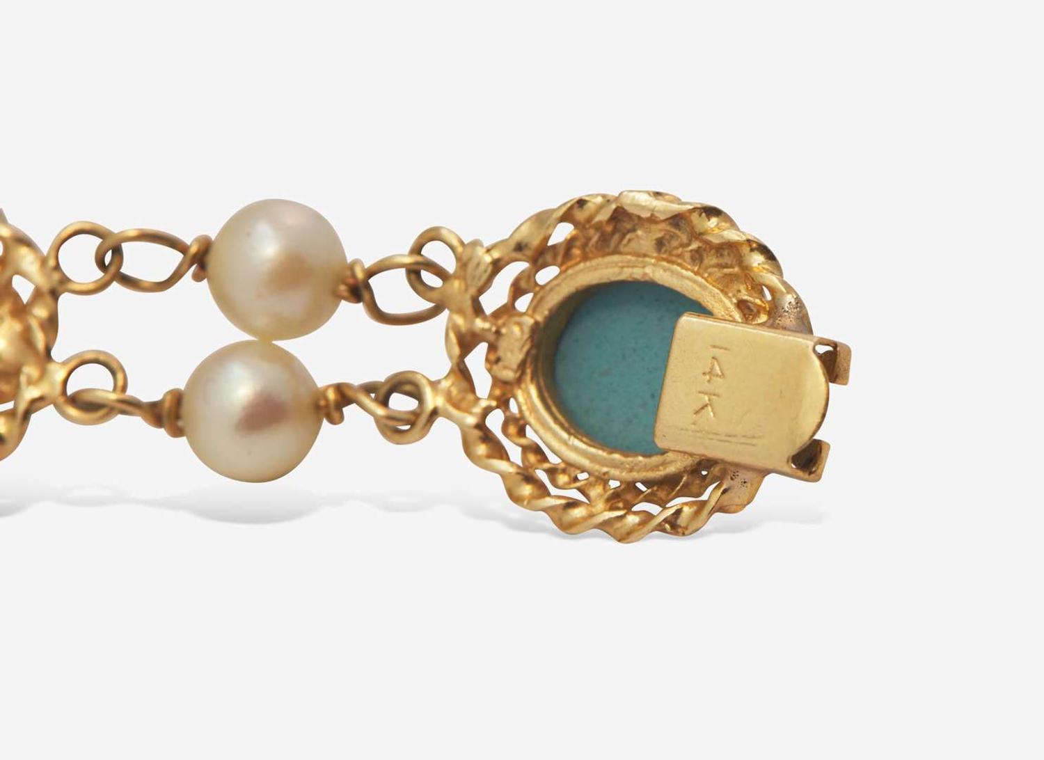 A Matching Set of 14K Yellow Gold and Turquoise Earrings and Bracelet