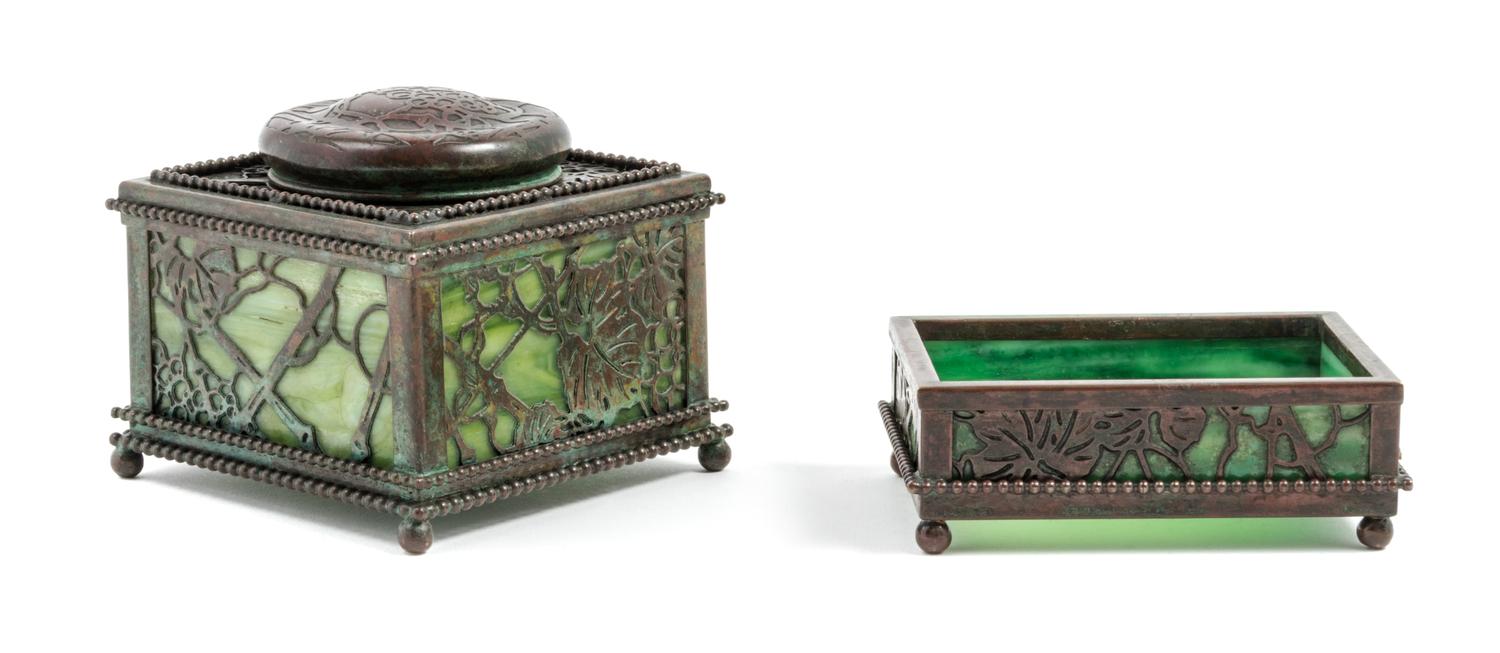 Tiffany Studios, EARLY 20TH CENTURY, a group of two Grapevine pattern desk articles, comprising an inkwell and small box
