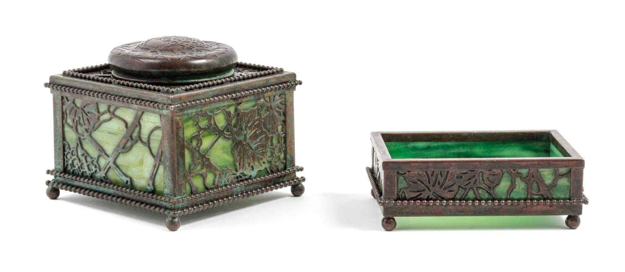 Tiffany Studios, EARLY 20TH CENTURY, a group of two Grapevine pattern desk articles, comprising an inkwell and small box