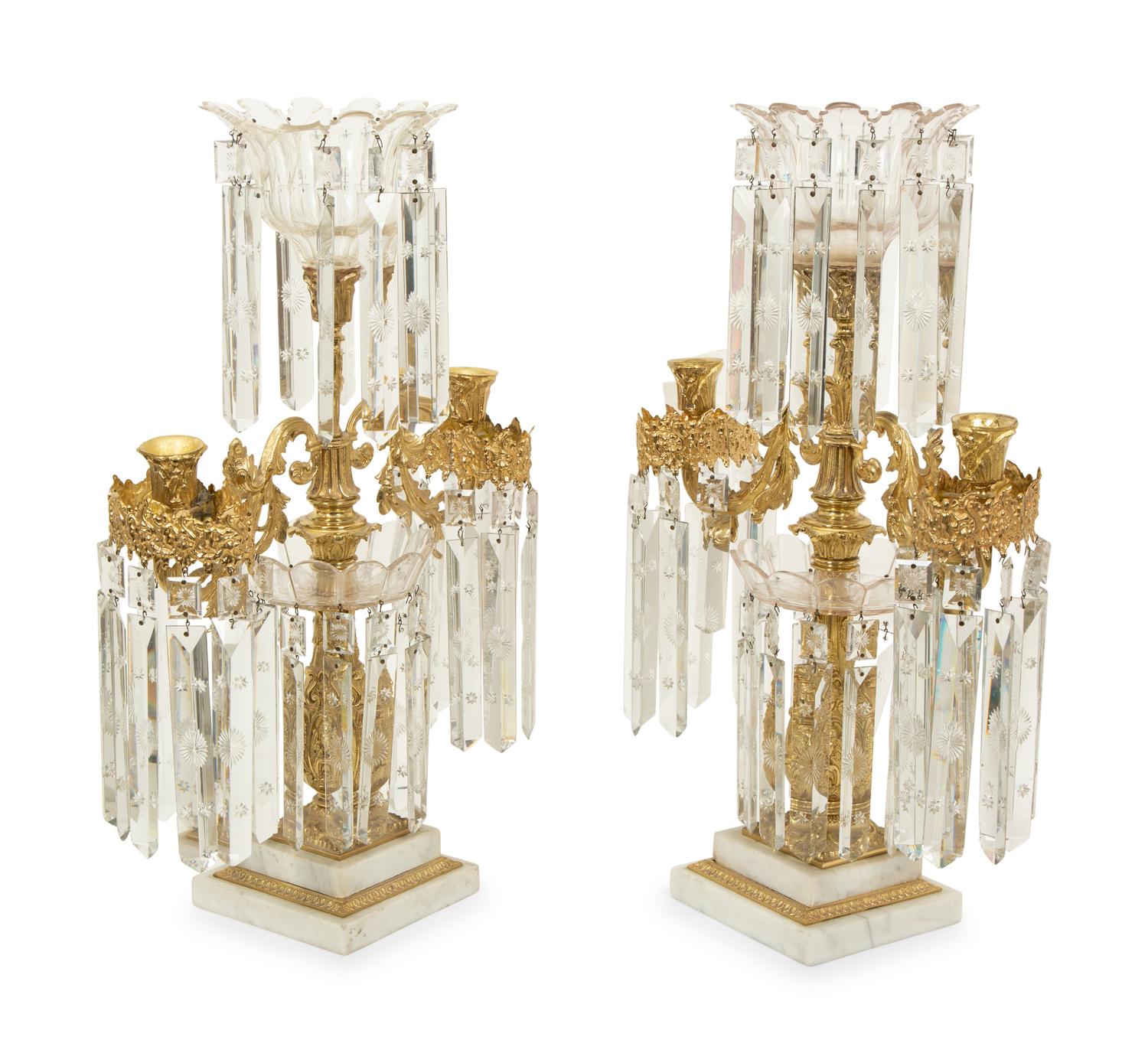 A Pair of Gilt Bronze and Marble Three-Light Candelabra