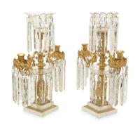 A Pair of Gilt Bronze and Marble Three-Light Candelabra