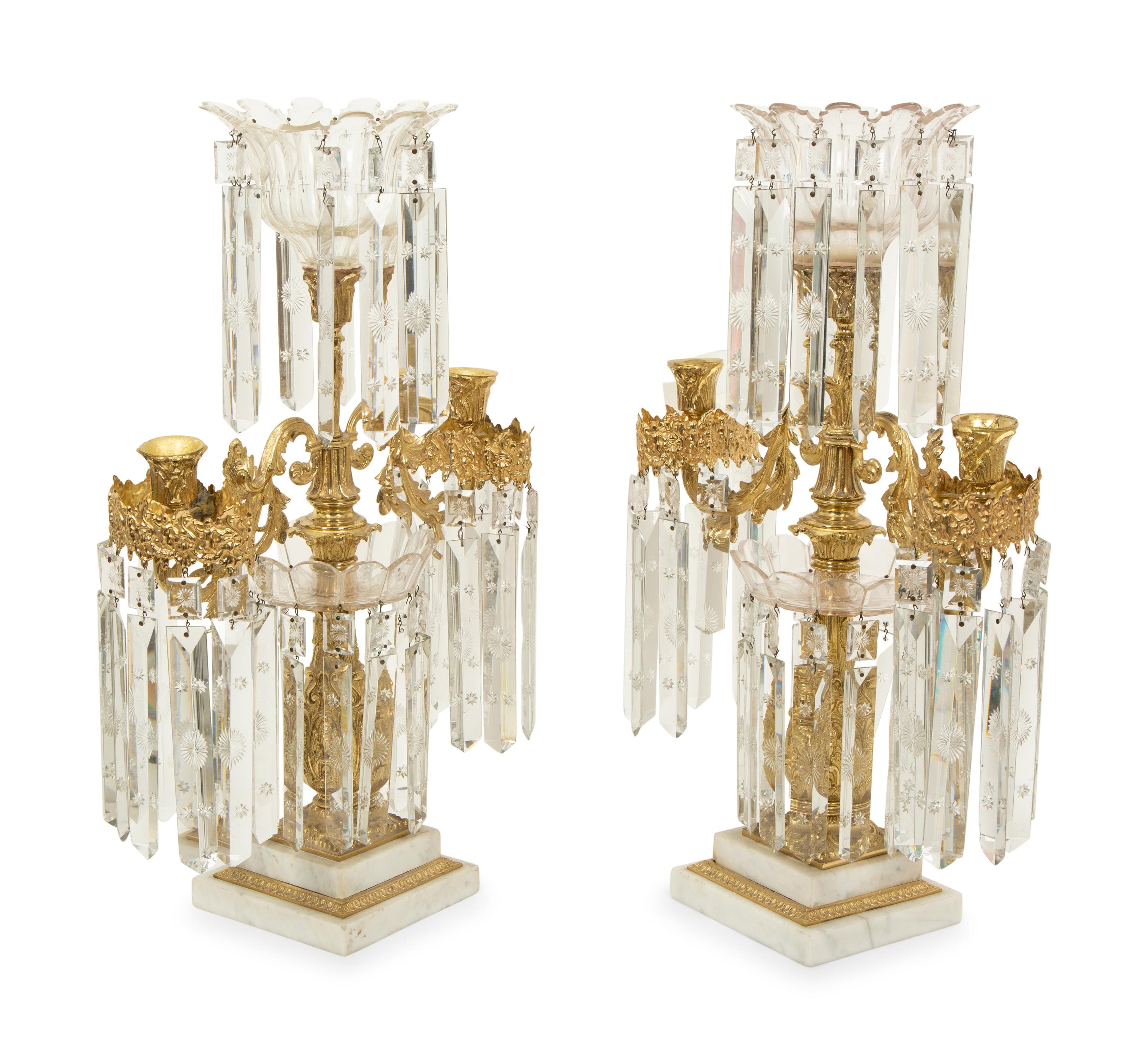 A Pair of Gilt Bronze and Marble Three-Light Candelabra