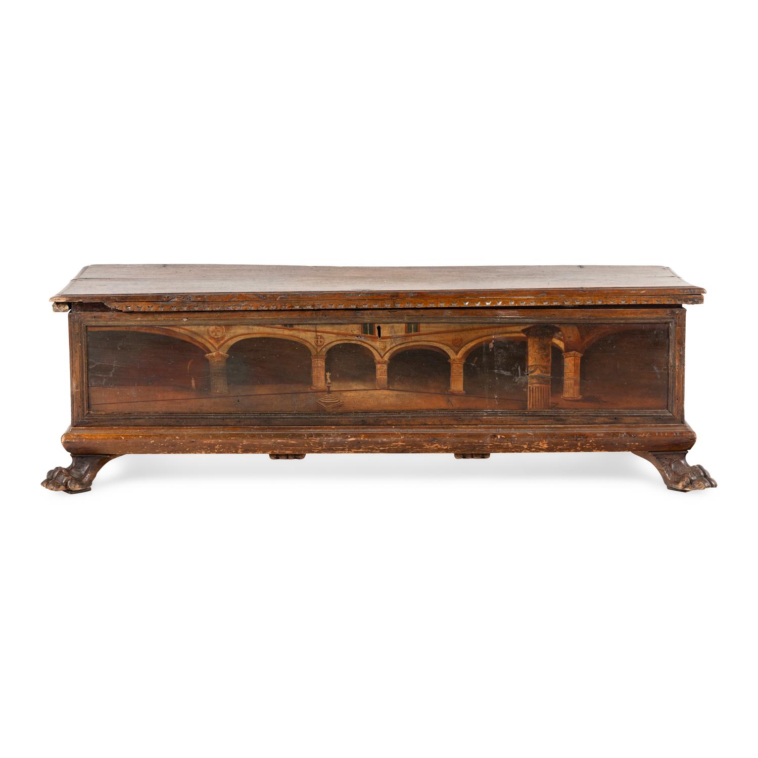 An Italian Baroque Painted Walnut and Cedar Cassone