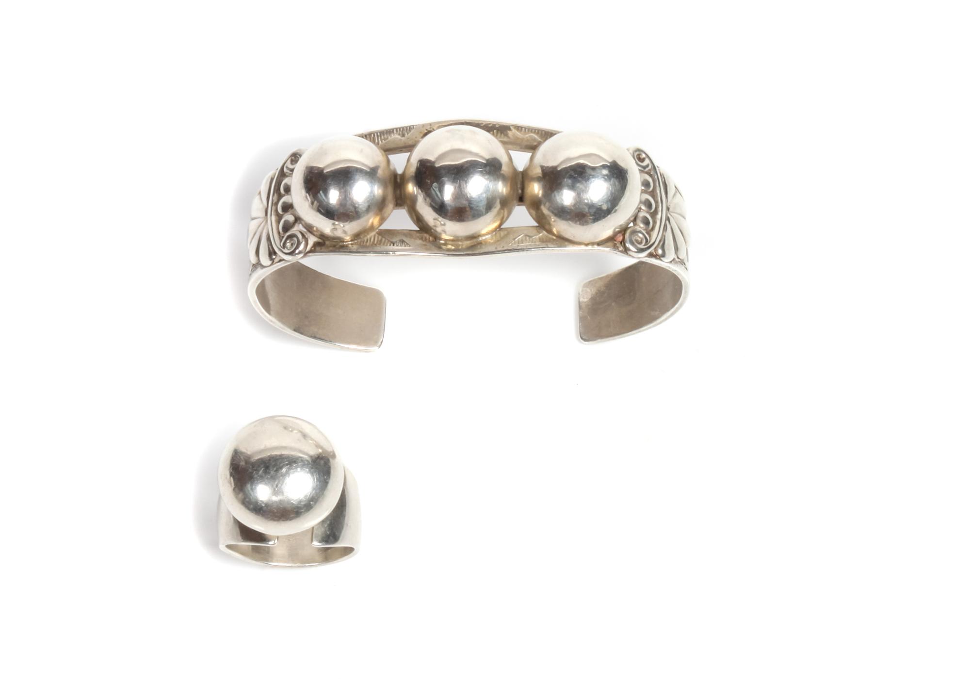 Southwestern Silver Bracelet and Ring Length 5 1/2 x opening 1 1/8 x width 7/8 inches