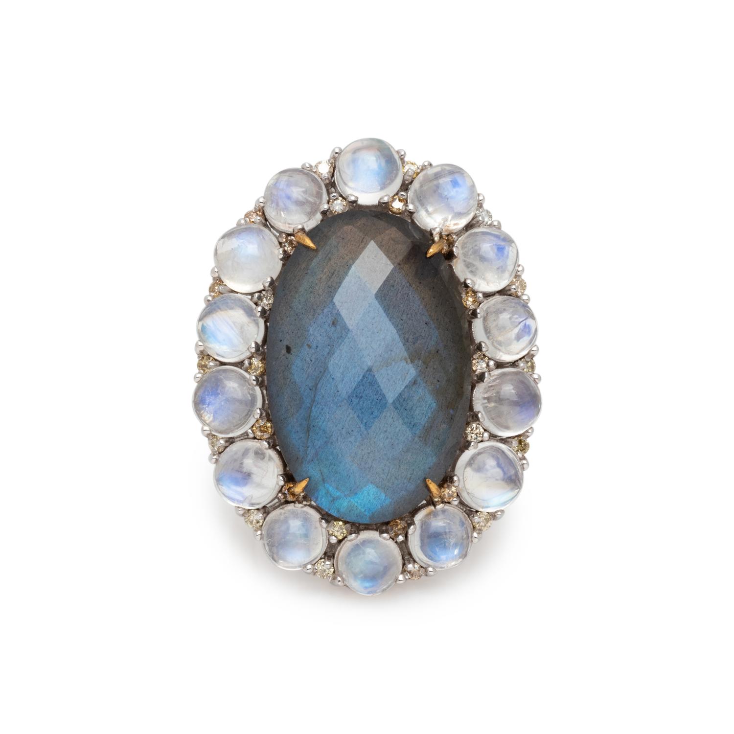 LABRADORITE, MOONSTONE AND COLORED DIAMOND RING
