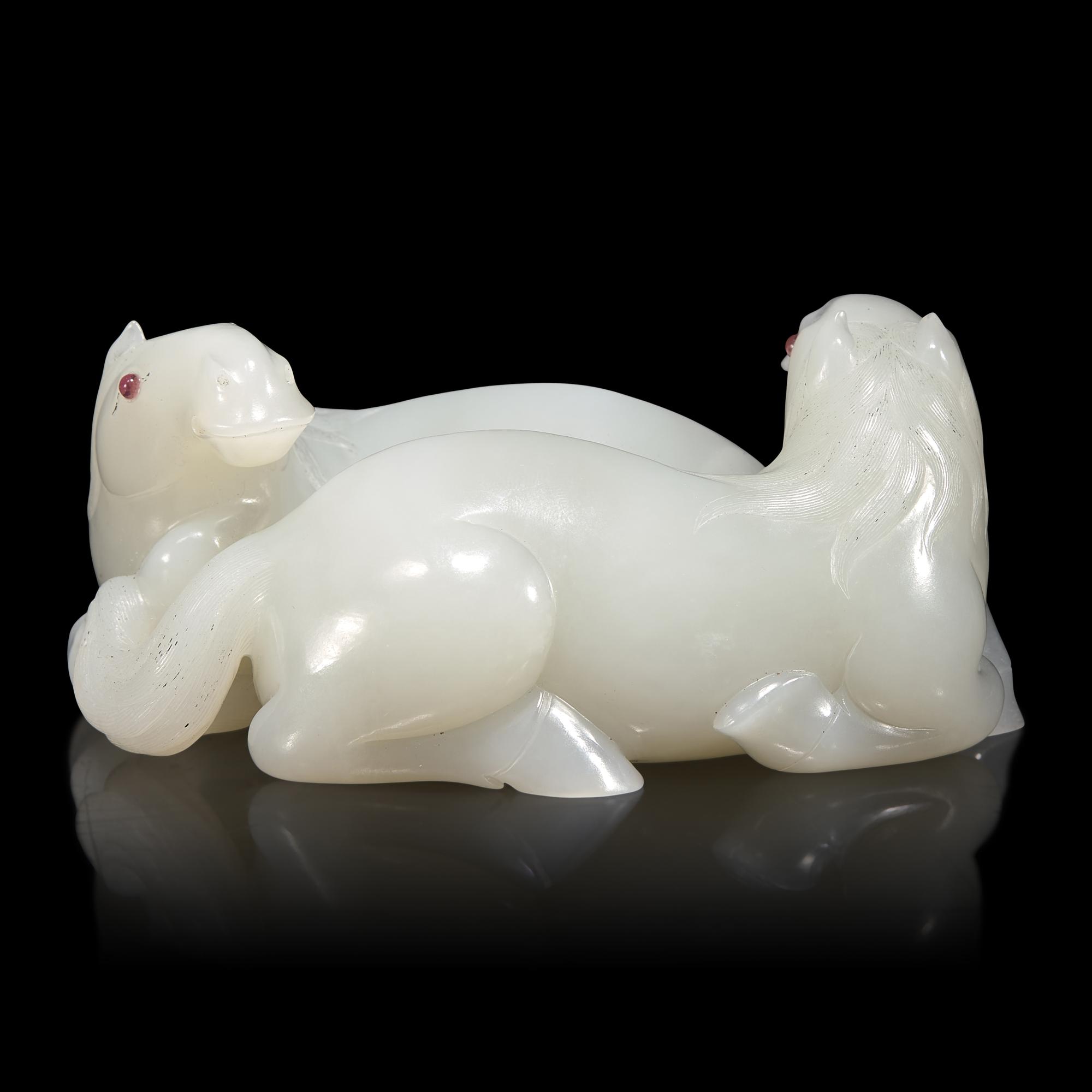 A Chinese White Jade Carving of Double Horses, 19th Century — 清晚期 白玉雙馬擺件