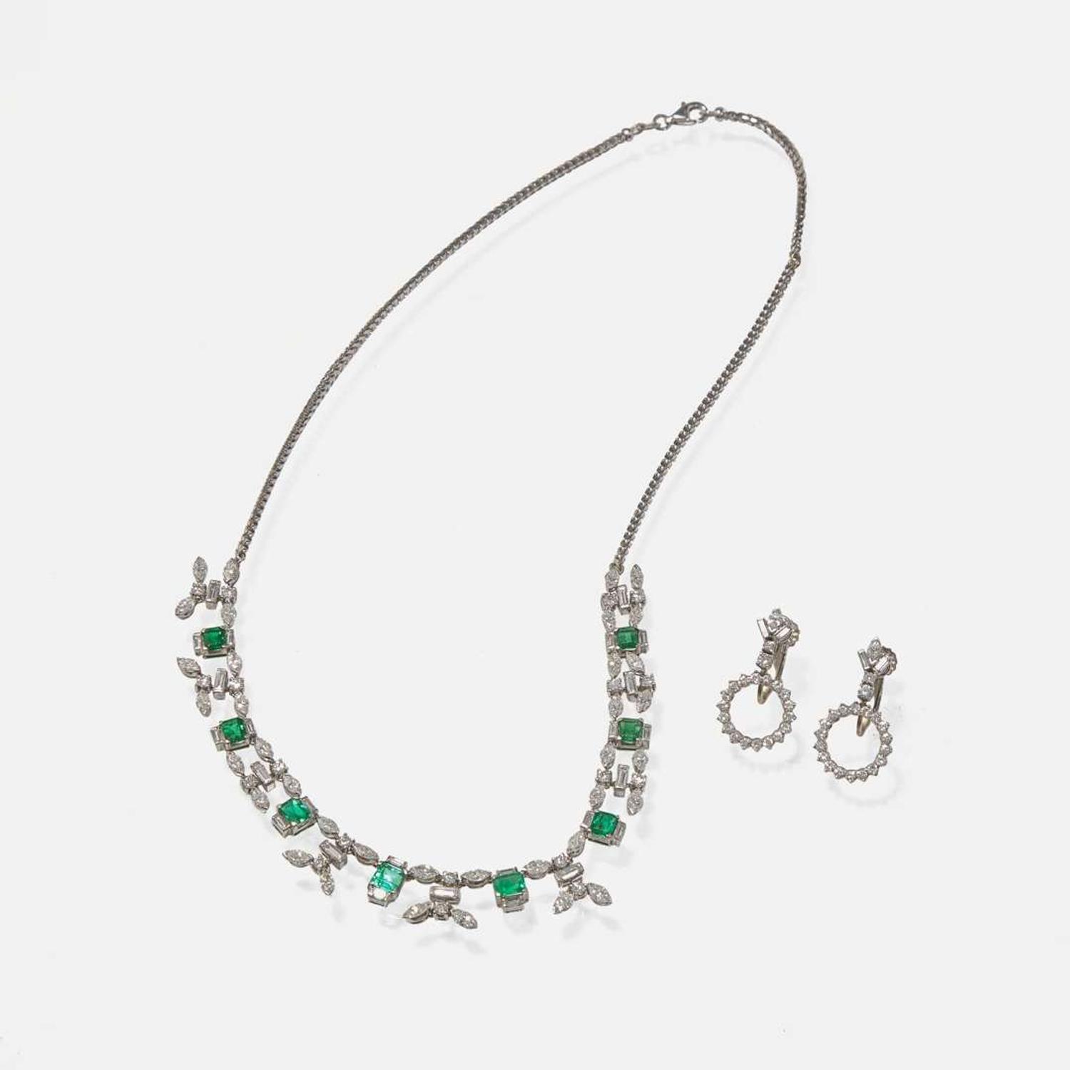 A Set of 14K White Gold and Diamond Earrings and Necklace