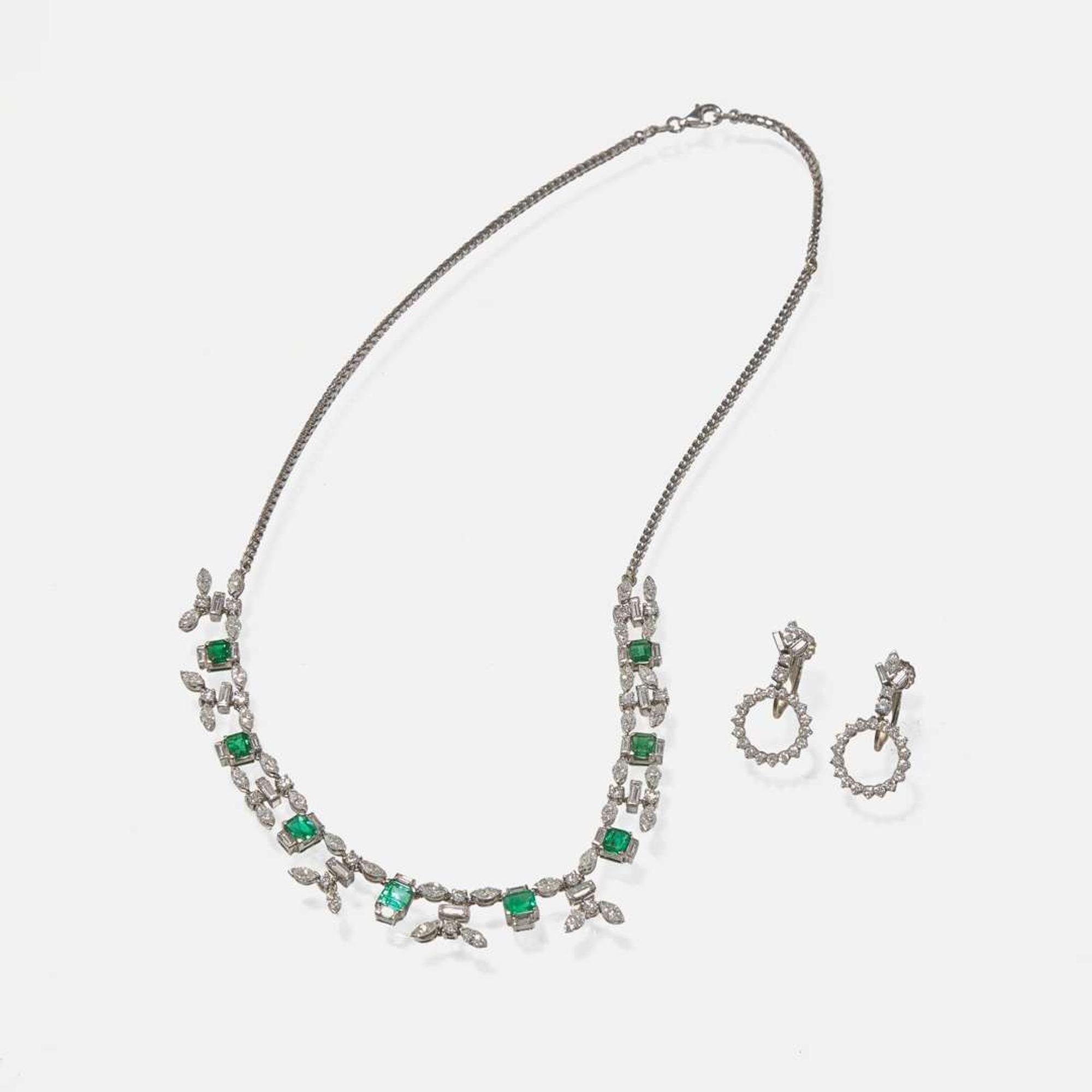A Set of 14K White Gold and Diamond Earrings and Necklace