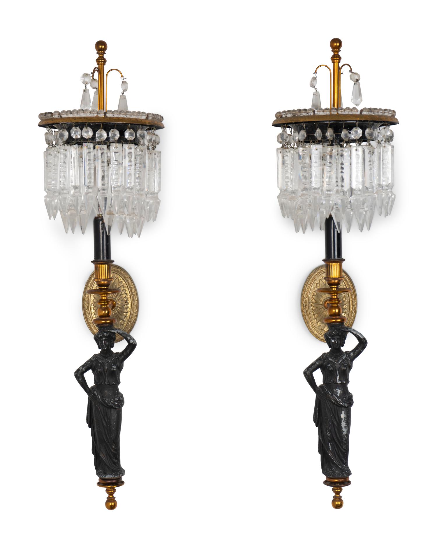 A Pair of Neoclassical Style Gilt Metal, Ebonized and Cut Crystal Wall Sconces — 20TH CENTURY