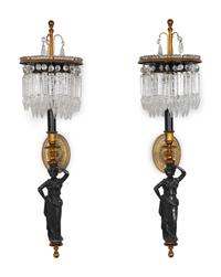 A Pair of Neoclassical Style Gilt Metal, Ebonized and Cut Crystal Wall Sconces — 20TH CENTURY