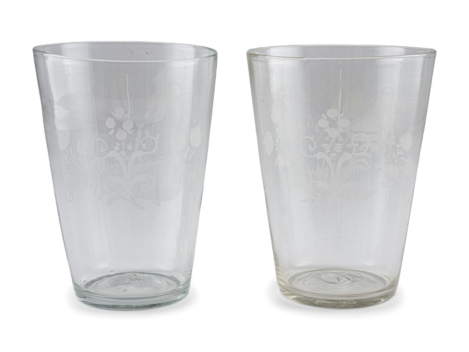 A Pair of Large Blown and Etched Glass Beakers