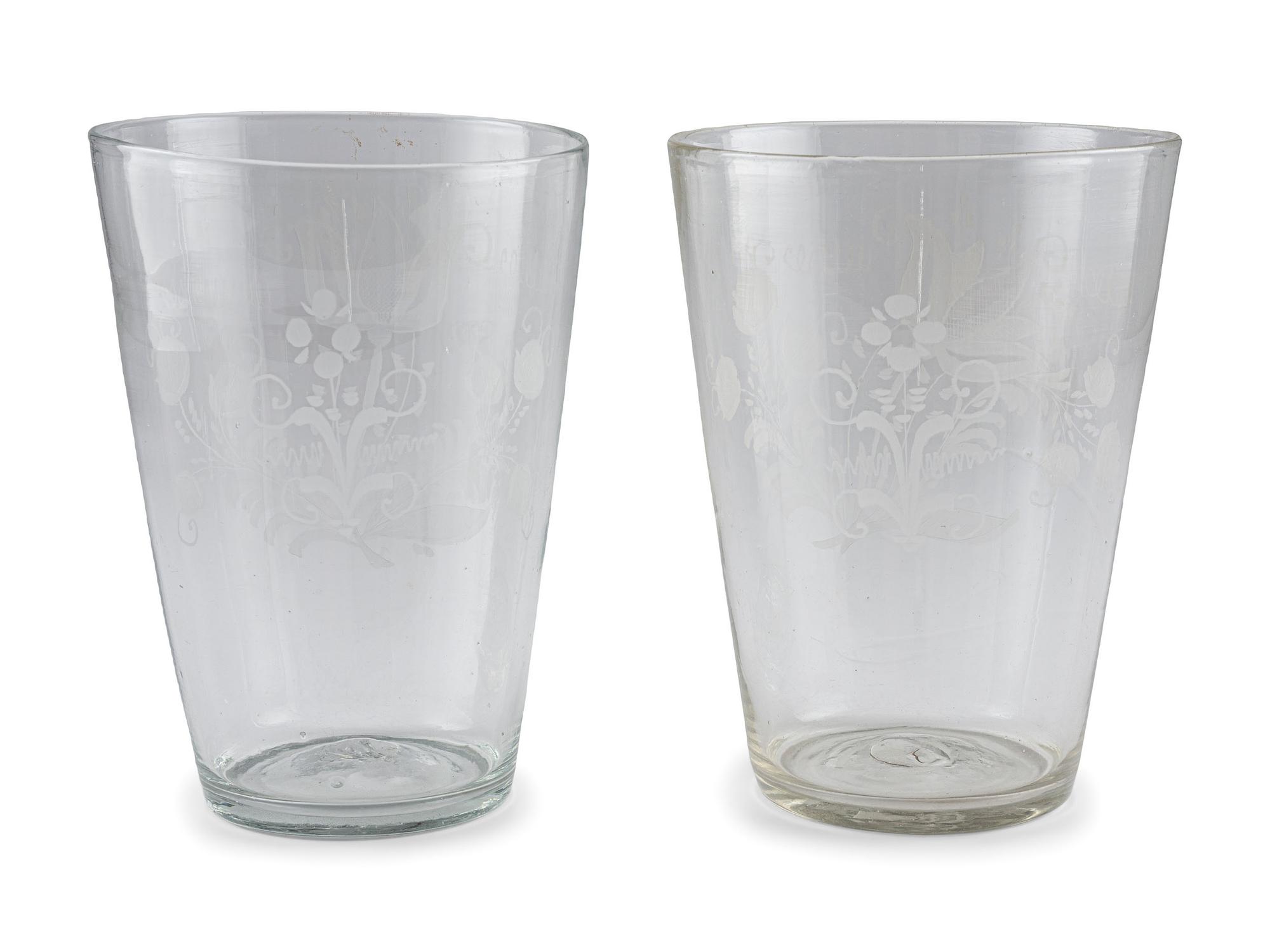 A Pair of Large Blown and Etched Glass Beakers
