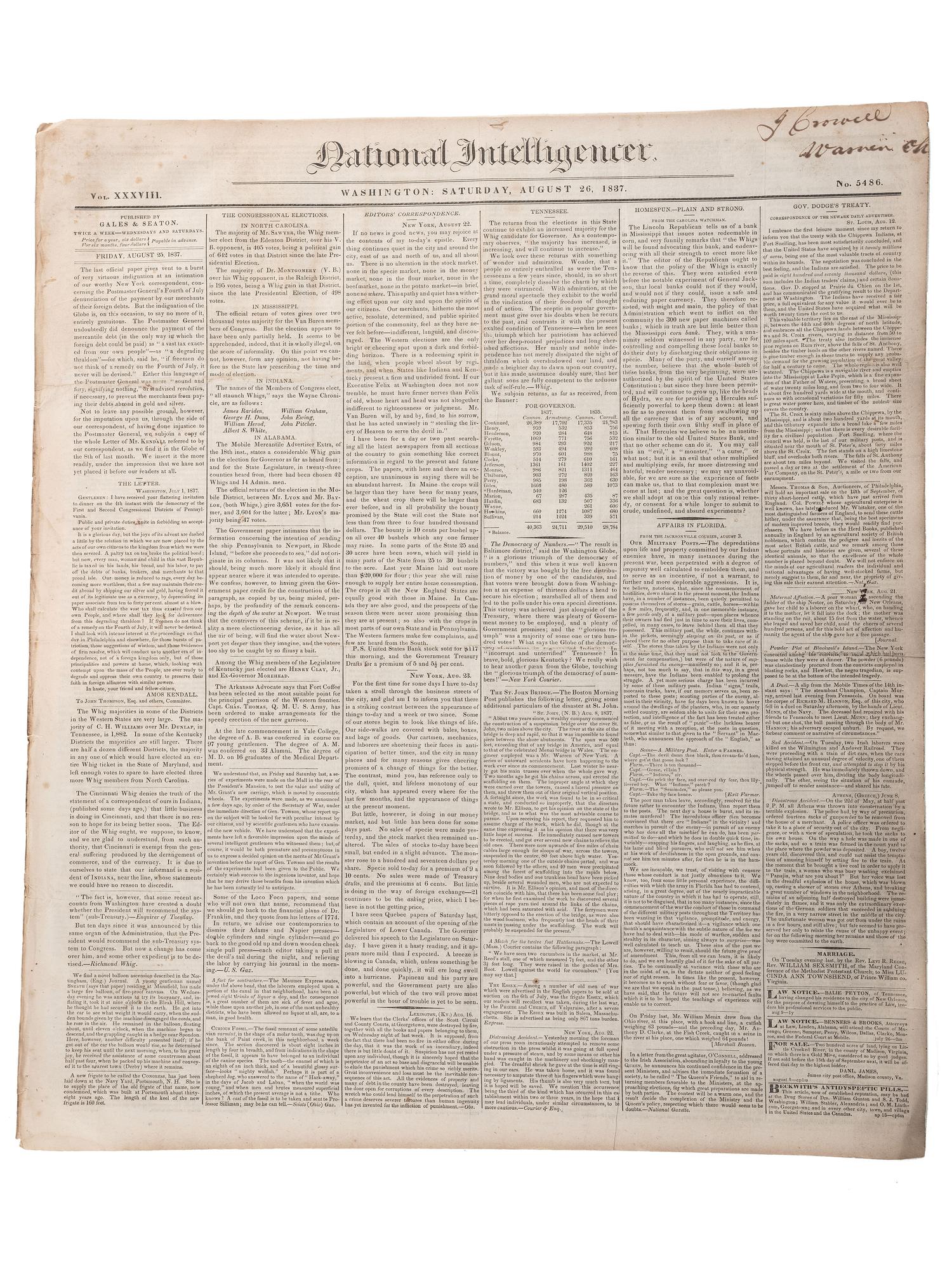 [SLAVERY & ABOLITION]. Advertisements for the return of freedom seekers published in 8 issues of The National Intelligencer . Washington, DC: May-August 1837.