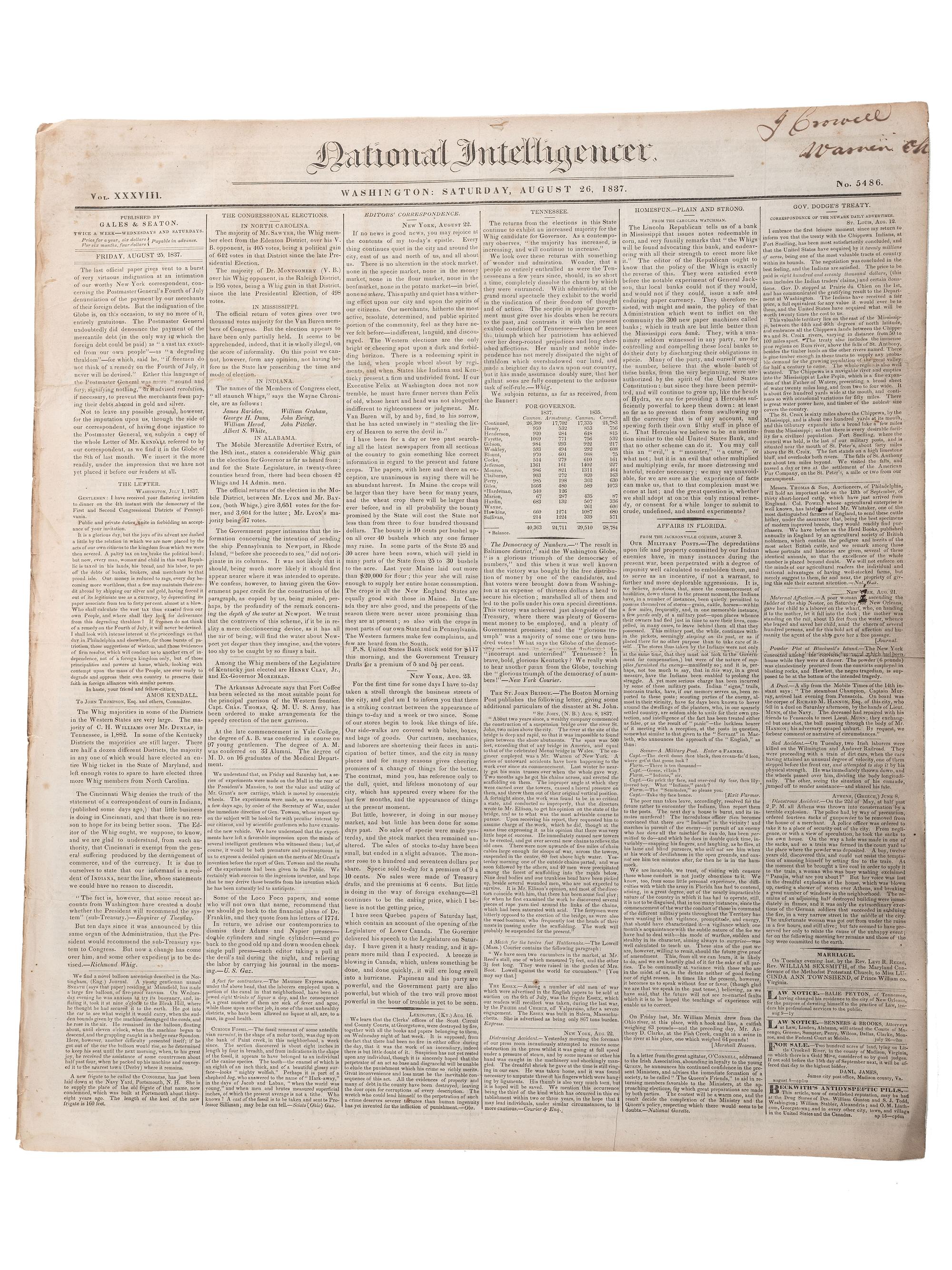 [SLAVERY & ABOLITION]. Advertisements for the return of freedom seekers published in 8 issues of The National Intelligencer . Washington, DC: May-August 1837.