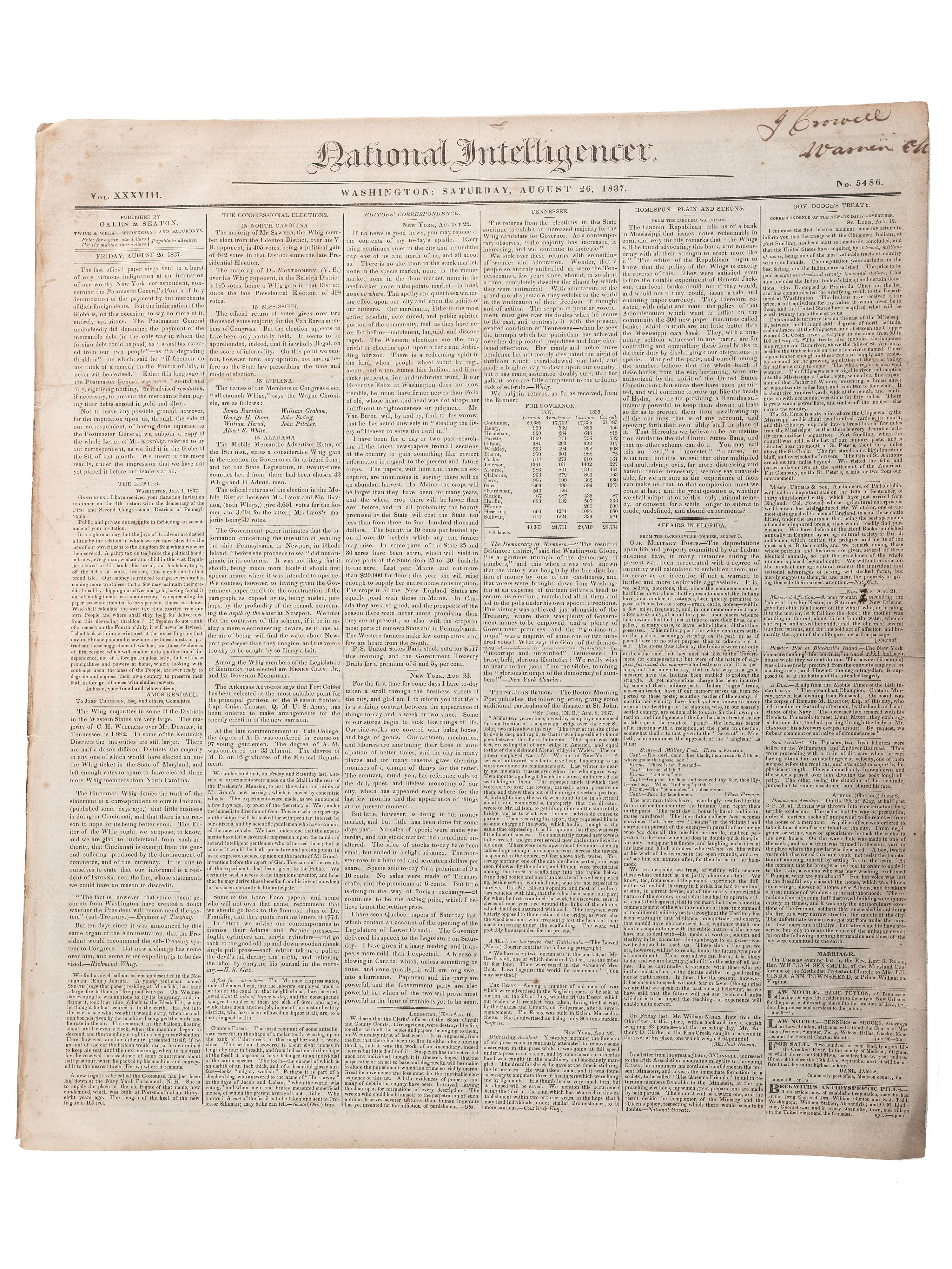 [SLAVERY & ABOLITION]. Advertisements for the return of freedom seekers published in 8 issues of The National Intelligencer . Washington, DC: May-August 1837.