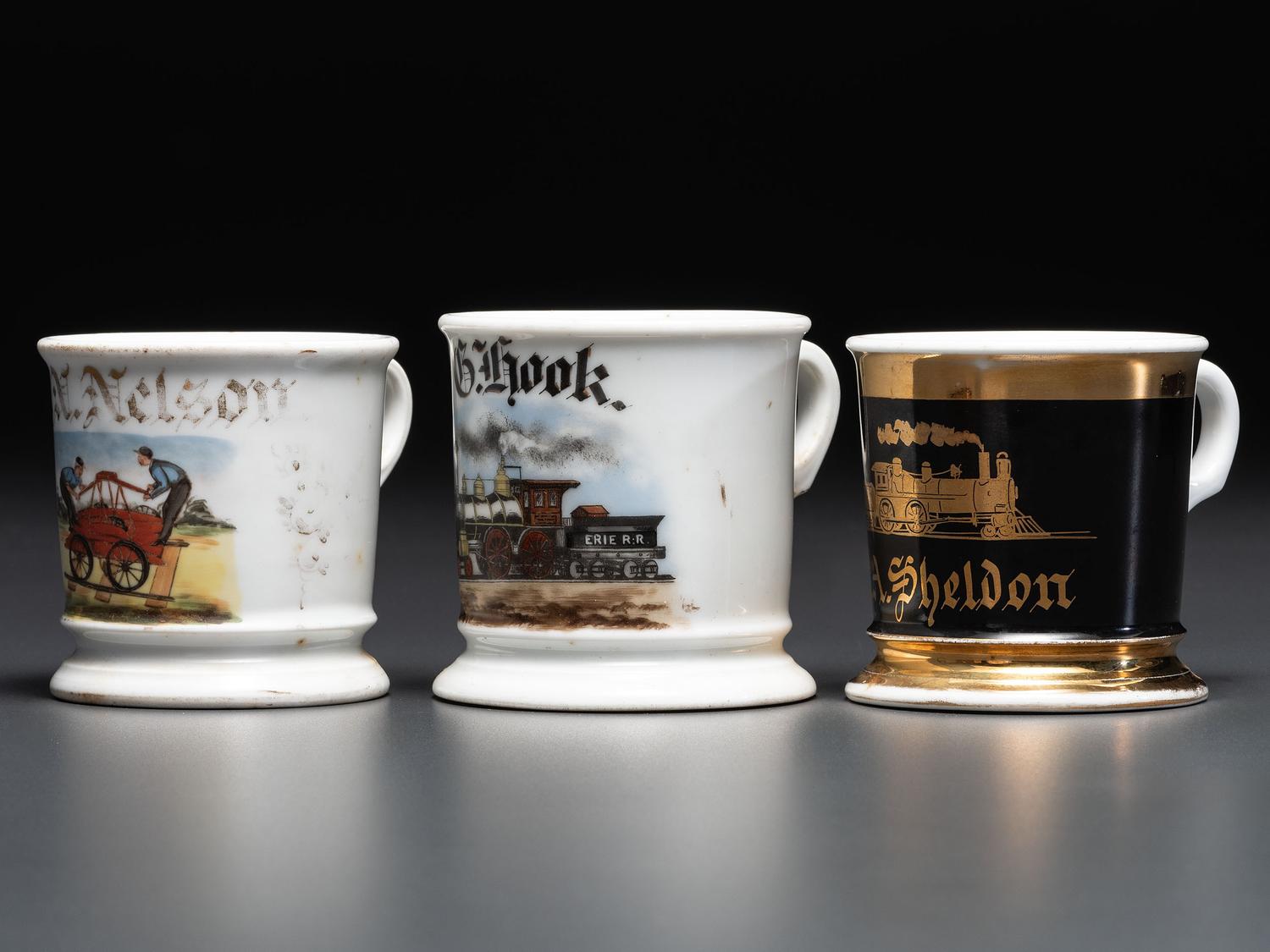 Three Railroad Worker's Porcelain Occupational Shaving Mugs