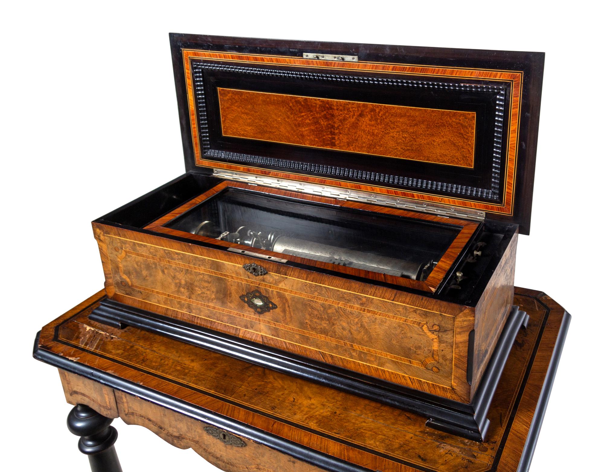 A Swiss Parcel Ebonized and Mother-of-Pearl Inlaid Burlwood Music Box on Stand