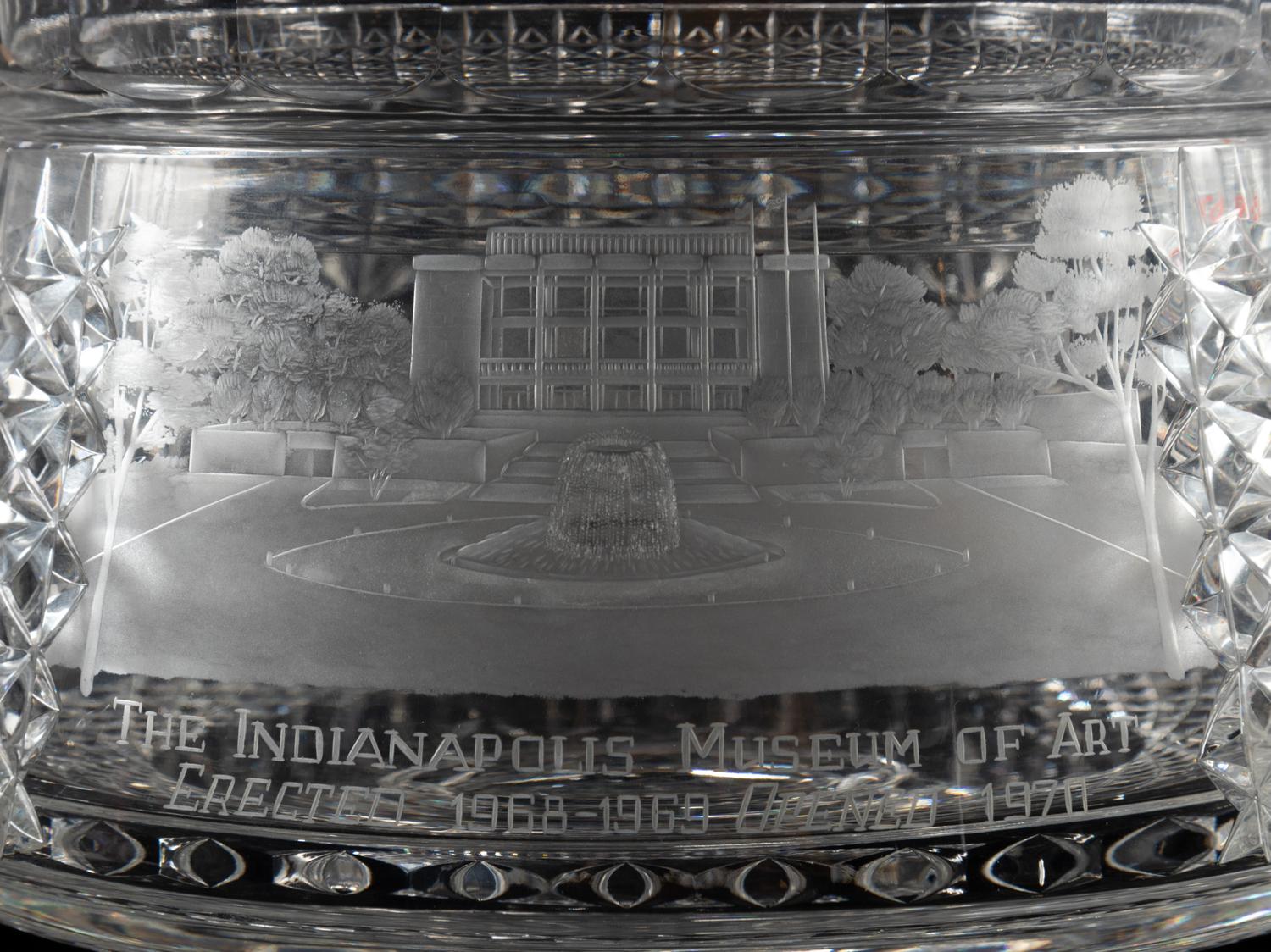 A Near Pair of Cut and Etched Glass Commemorative Covered Urns