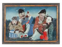 A Chinese Reverse-Painted Mirror Height 20 x width 28 inches.