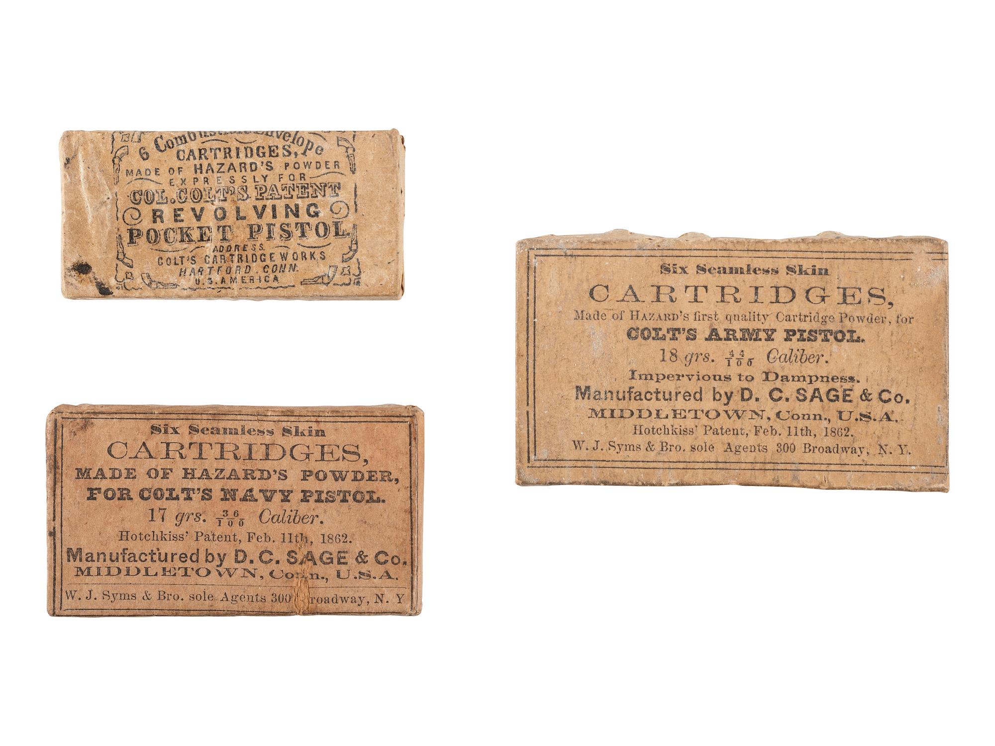 [CIVIL WAR]. A group of 3 unopened packets of 6 cartridges for Colt's Pocket, Army, and Navy pistols.
