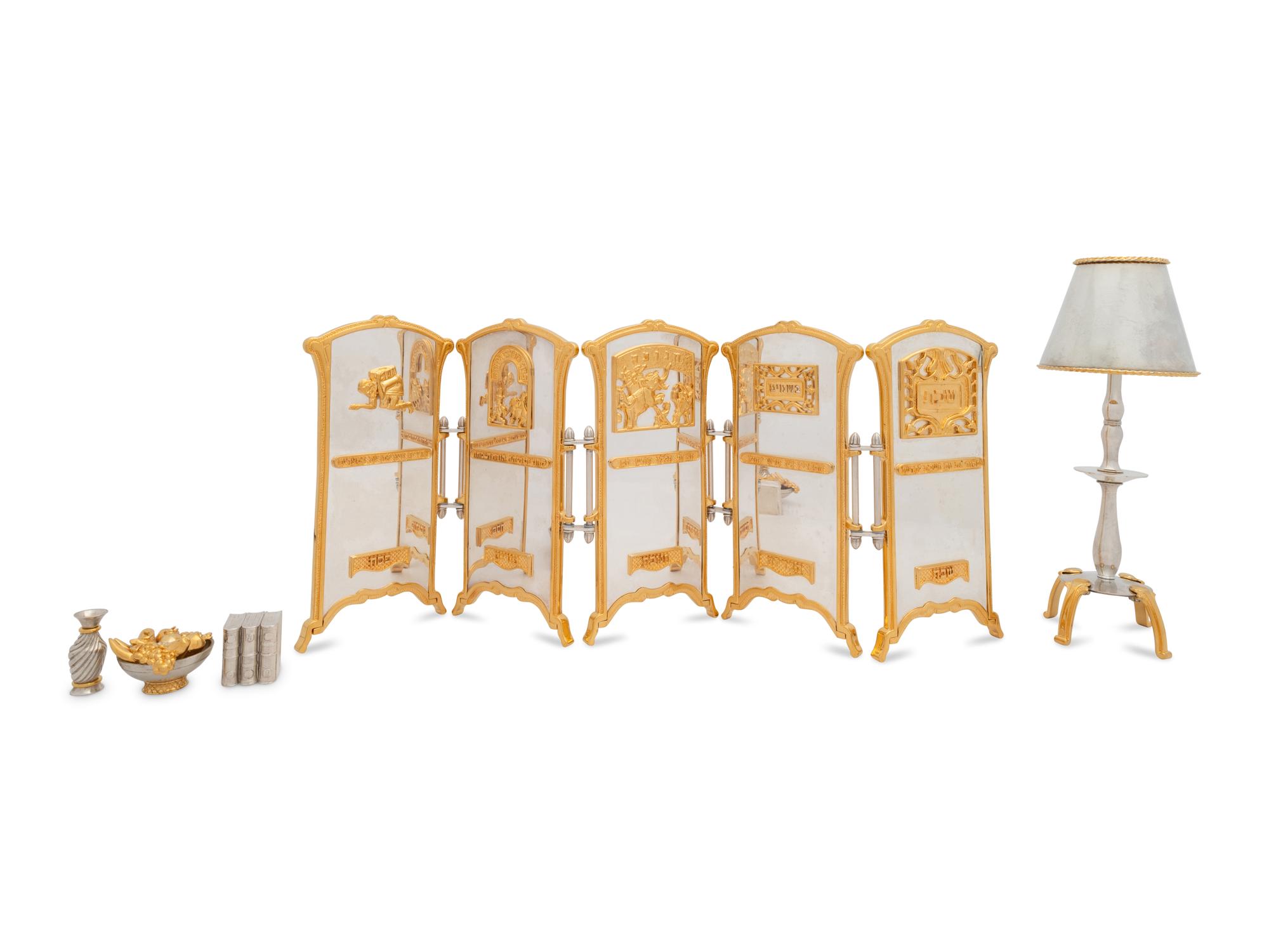 A Yossi Swed Partial Gilt Silver Pargod Screen, Lamp Charity Box and Group of Miniature Objects