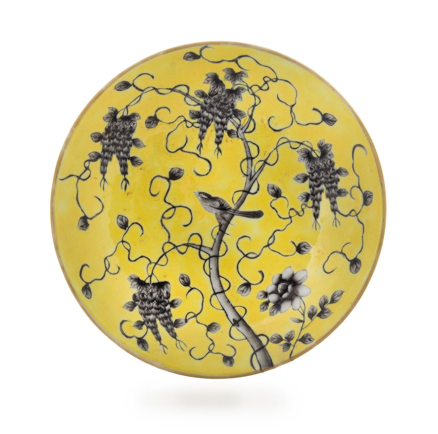 A Grisaille Decorated Yellow Ground Porcelain Plate Diameter 7 1/8 inches.