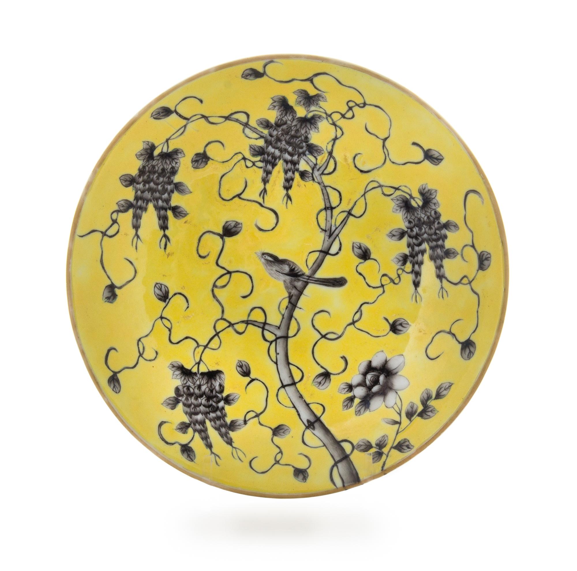 A Grisaille Decorated Yellow Ground Porcelain Plate Diameter 7 1/8 inches.