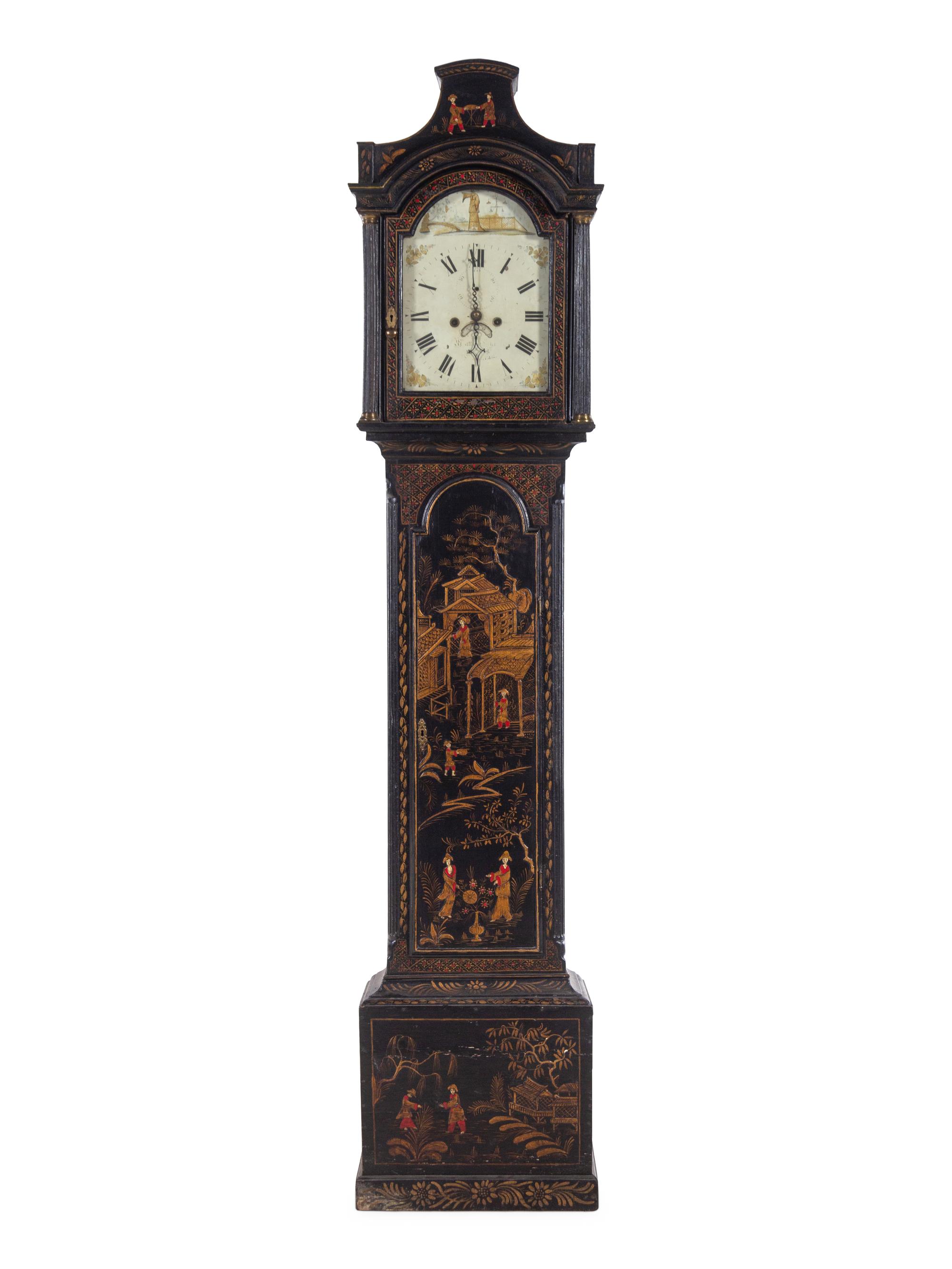 An English Chinoiserie Decorated Tall Case Clock