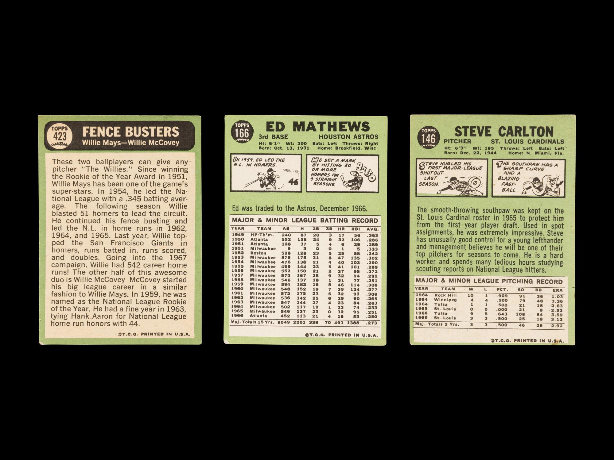 A Group of Six 1967 Topps Hall of Fame Baseball Cards Including Willie Mays Hank Aaron and Roberto Clemente