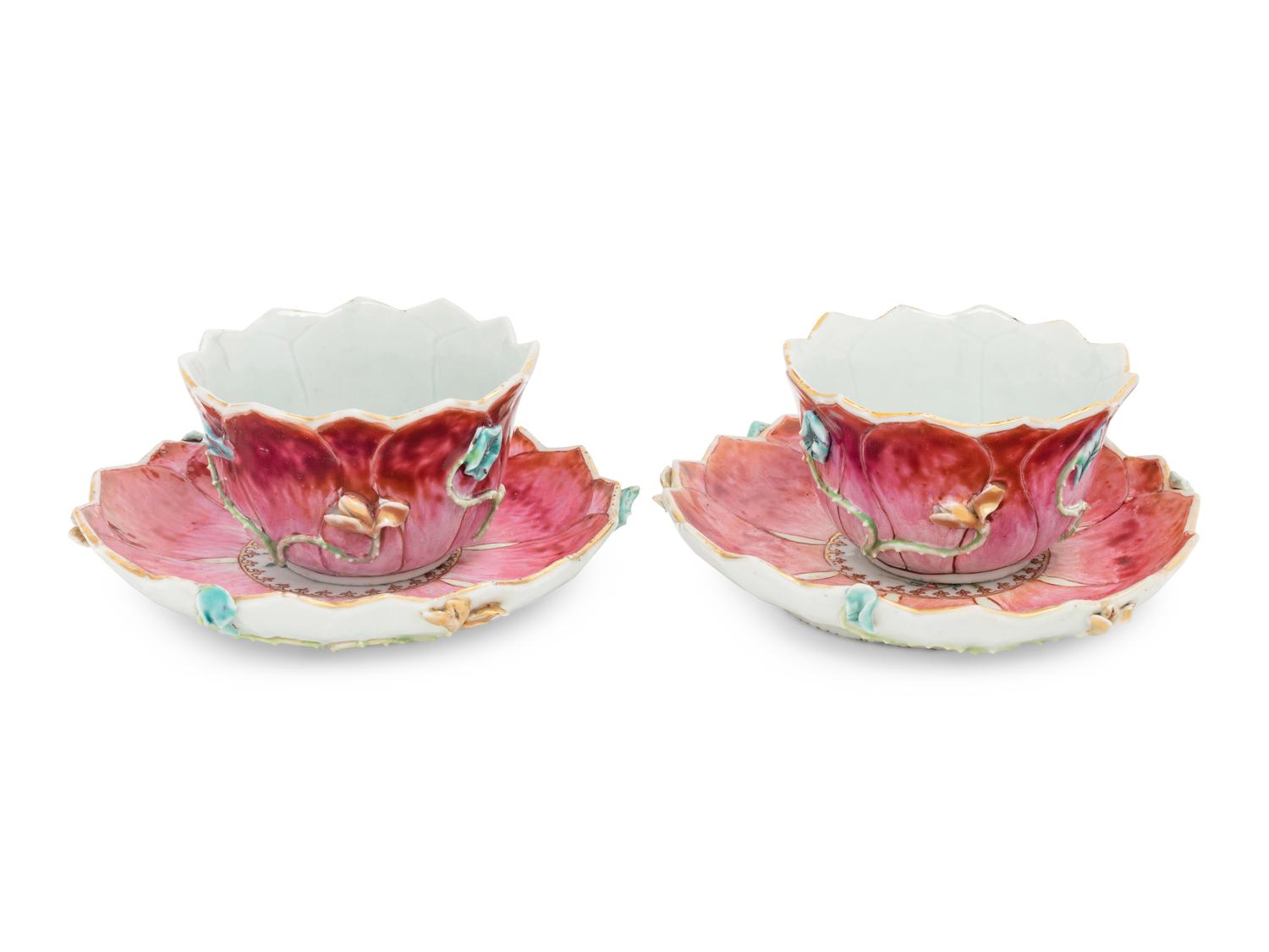 A Pair of Chinese Export Famille Rose 'Lotus' Porcelain Tea Bowls and Saucers