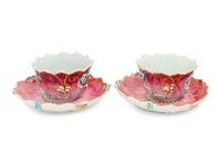 A Pair of Chinese Export Famille Rose 'Lotus' Porcelain Tea Bowls and Saucers