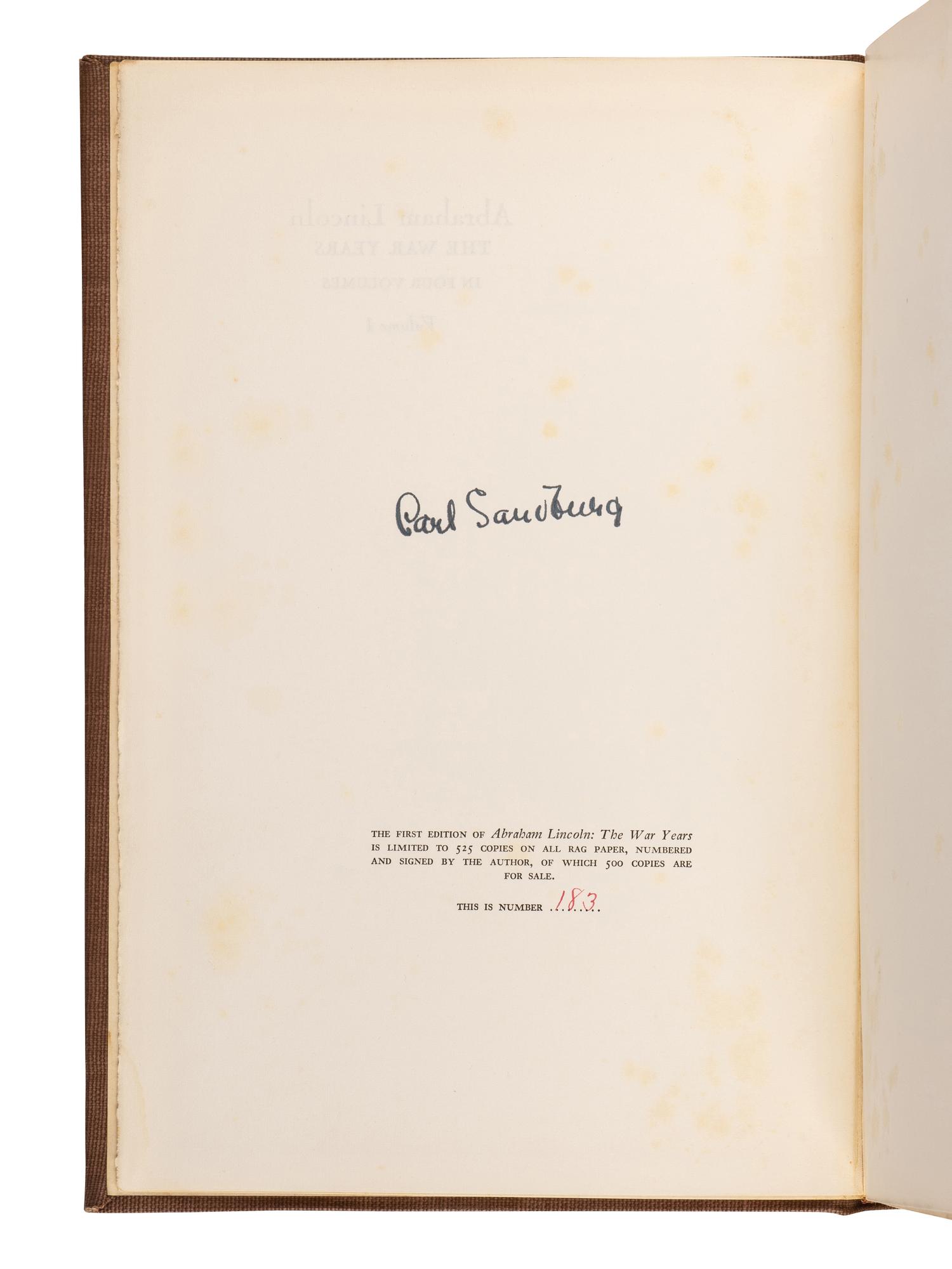 [LINCOLN, Abraham]. SANDBURG, Carl (1878-1967). Abraham Lincoln: The War Years . New York: Harcourt, Brace & Company, 1939.