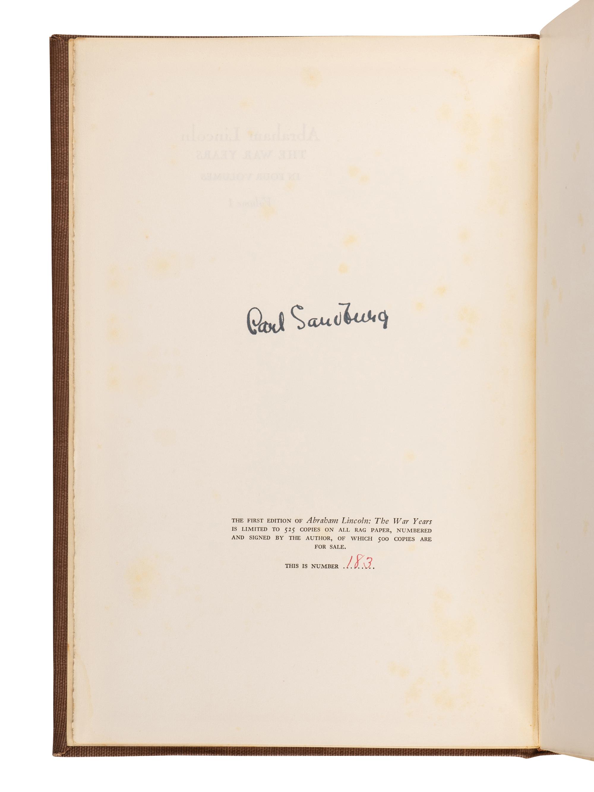 [LINCOLN, Abraham]. SANDBURG, Carl (1878-1967). Abraham Lincoln: The War Years . New York: Harcourt, Brace & Company, 1939.
