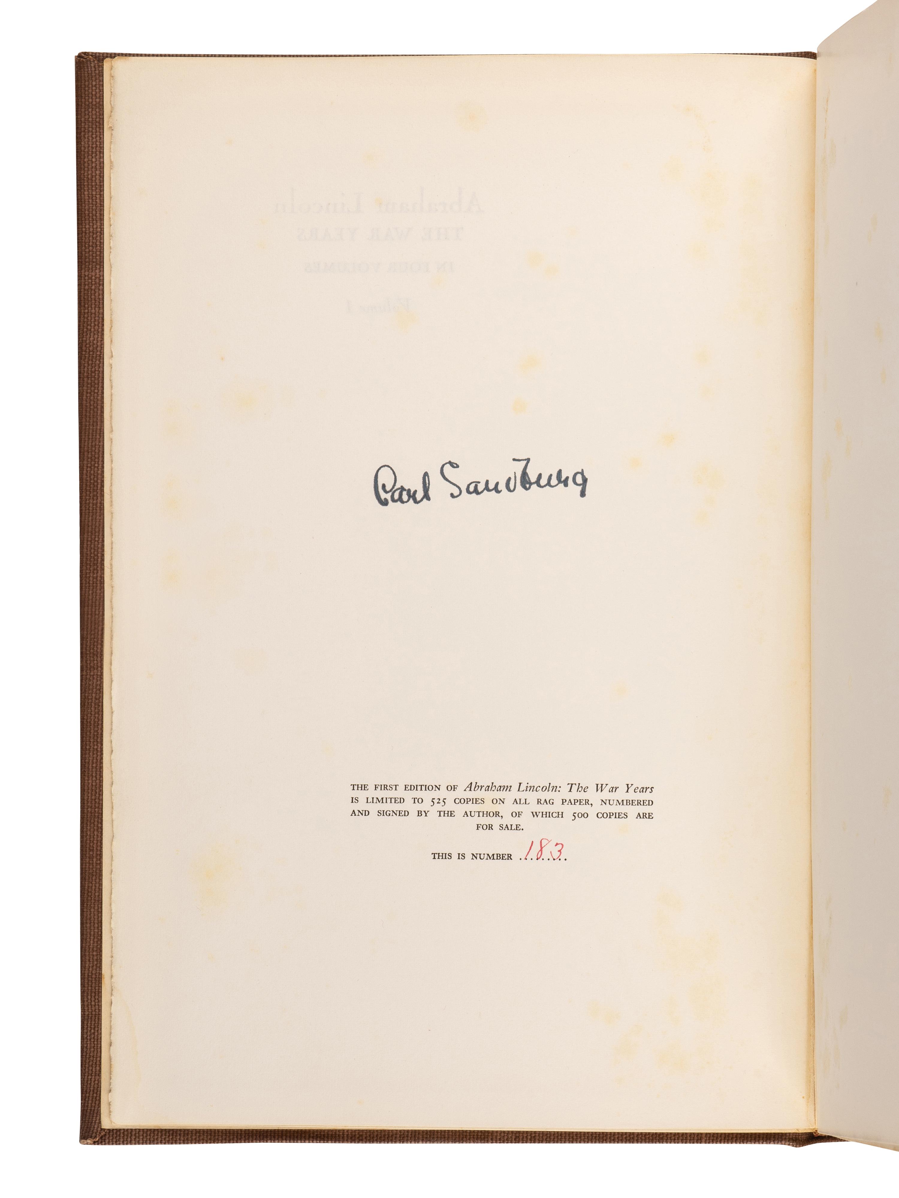 [LINCOLN, Abraham]. SANDBURG, Carl (1878-1967). Abraham Lincoln: The War Years . New York: Harcourt, Brace & Company, 1939.