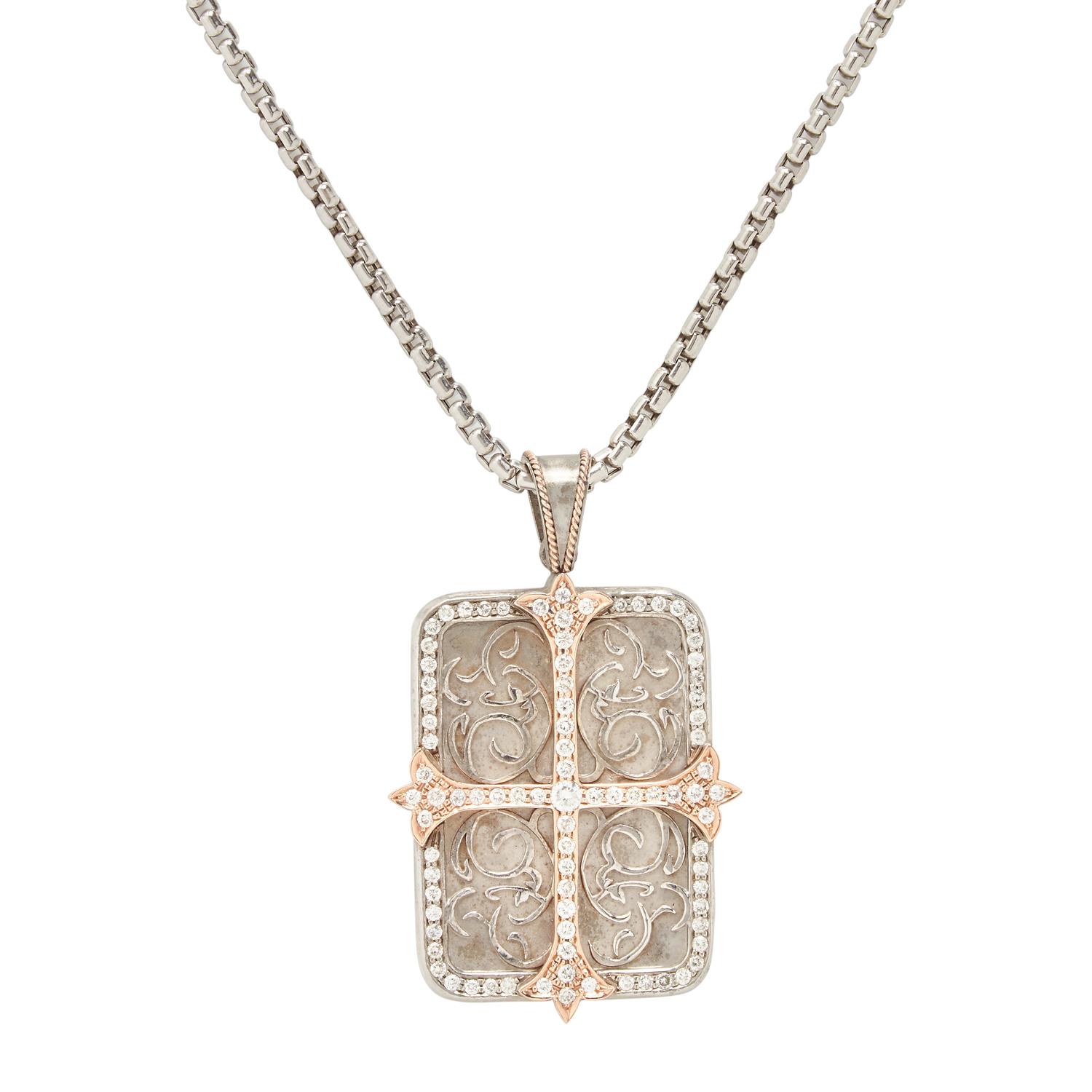 DANIEL BASS, STERLING SILVER, ROSE GOLD AND DIAMOND TAG PENDANT NECKLACE