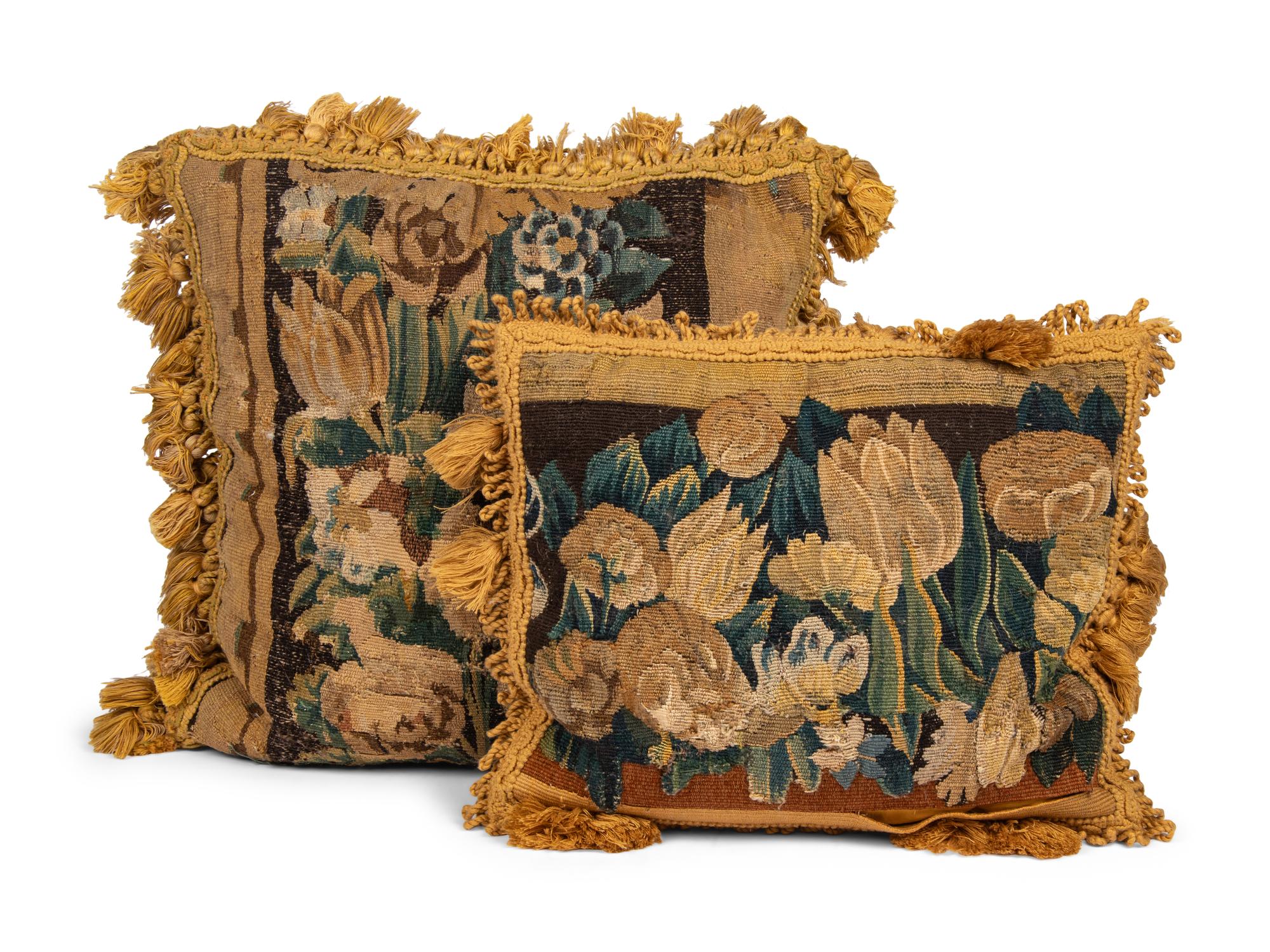Two Flemish Floral Tapestry Throw Pillows
