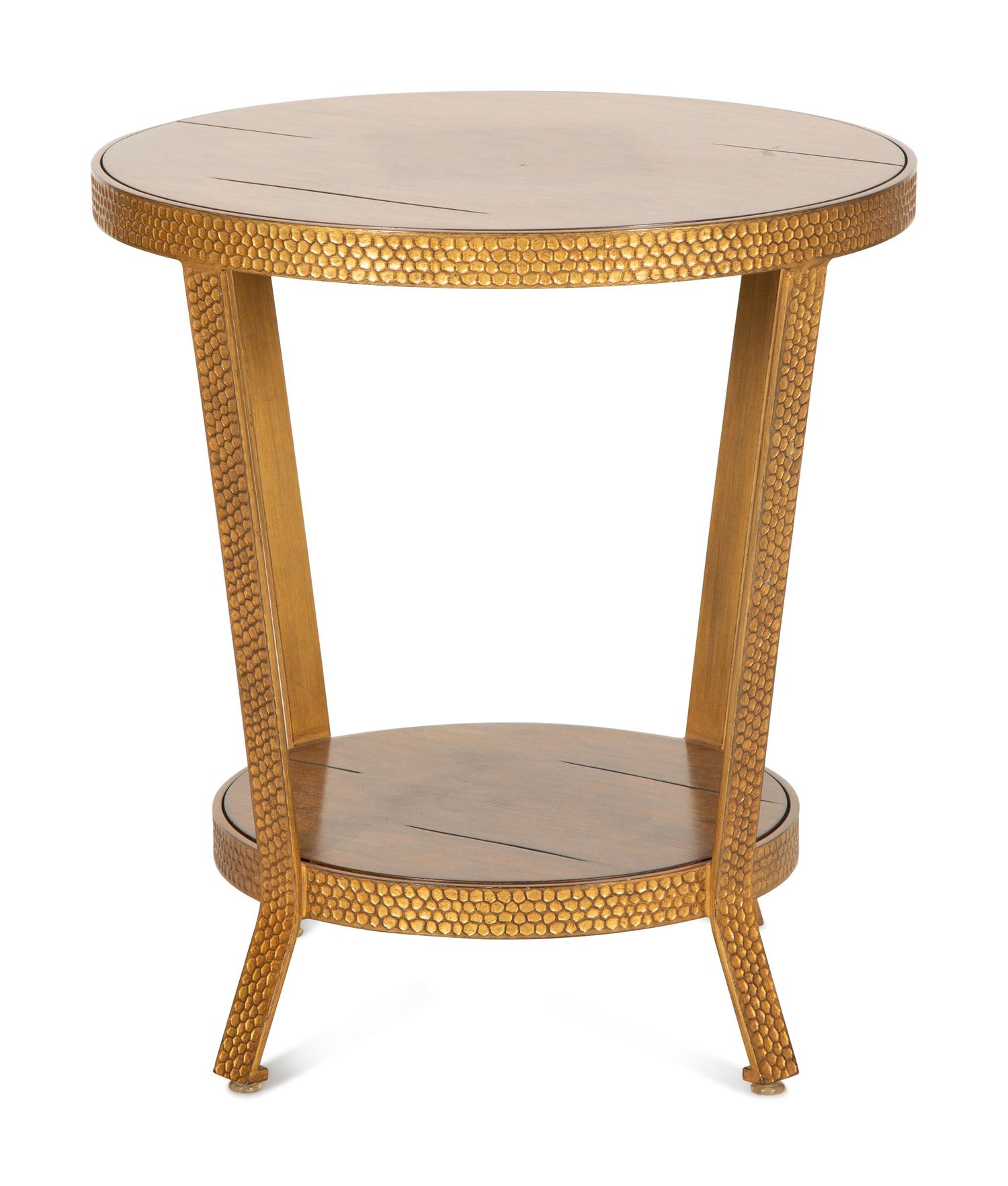 A Modern Textured Gilt Bronze Two Tier Table with Inset Wood Top and Shelf — 20th Century