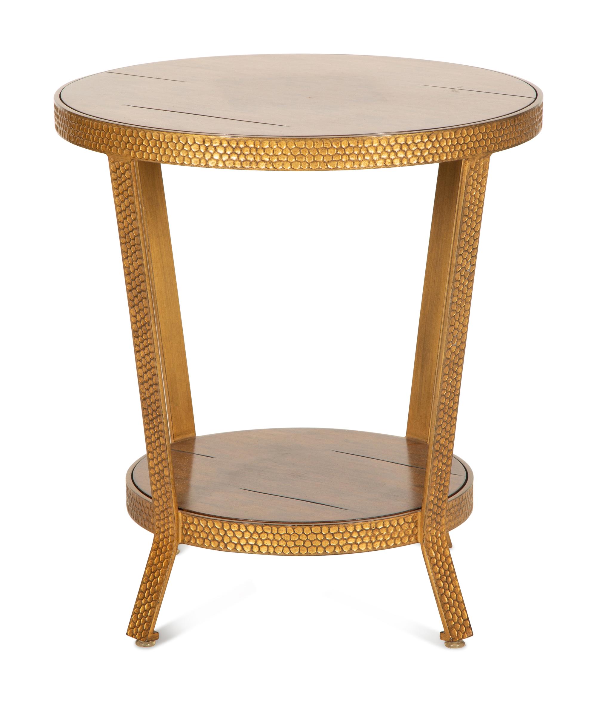 A Modern Textured Gilt Bronze Two Tier Table with Inset Wood Top and Shelf — 20th Century