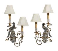 A Pair of Maison Baguès Gilt Metal and Glass Two-Light Parrot and Urn Sconces