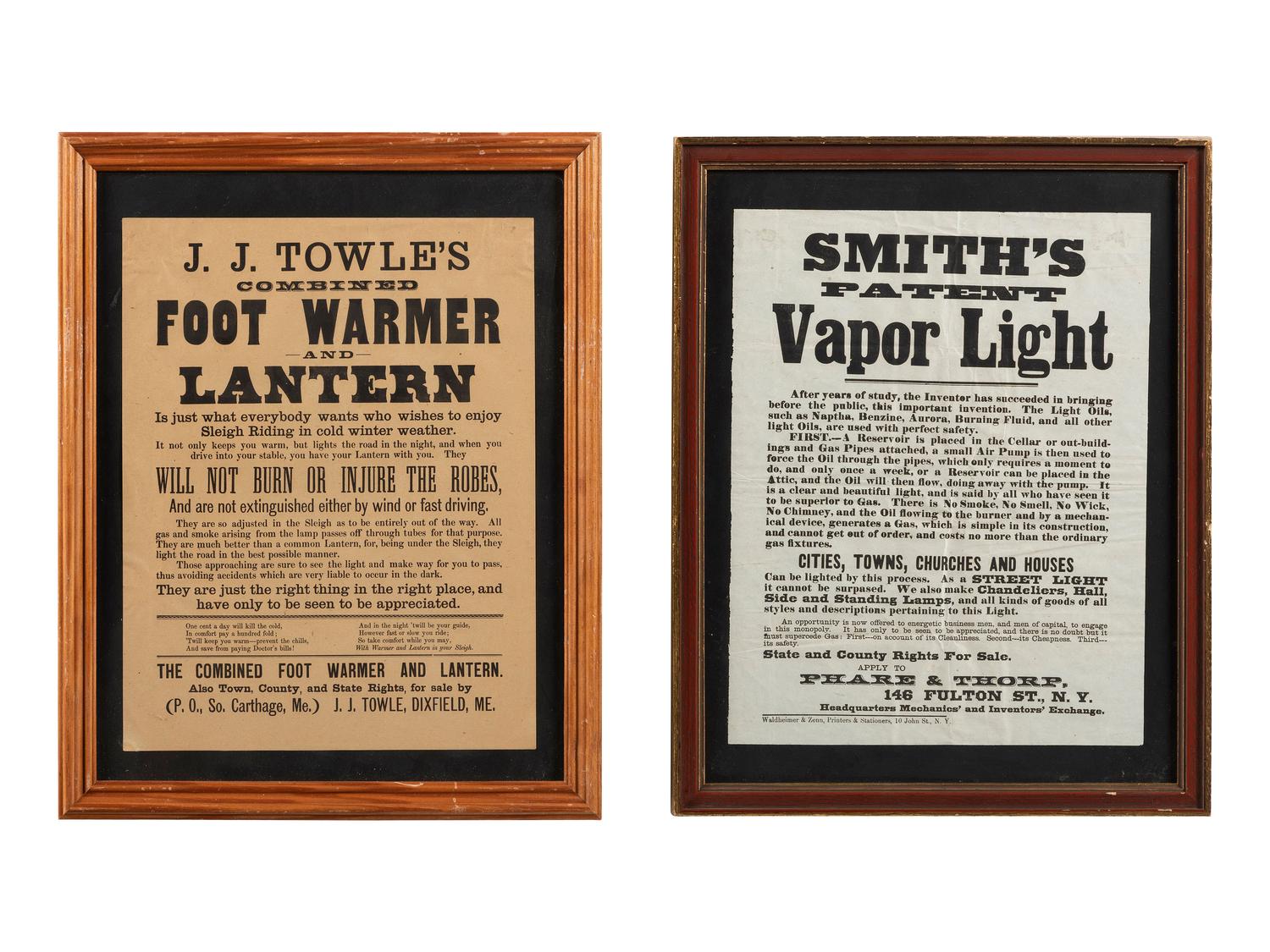 [ADVERTISING]. Pair of broadsides promoting inventions including a "Foot Warmer and Lantern."