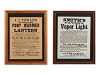[ADVERTISING]. Pair of broadsides promoting inventions including a "Foot Warmer and Lantern."