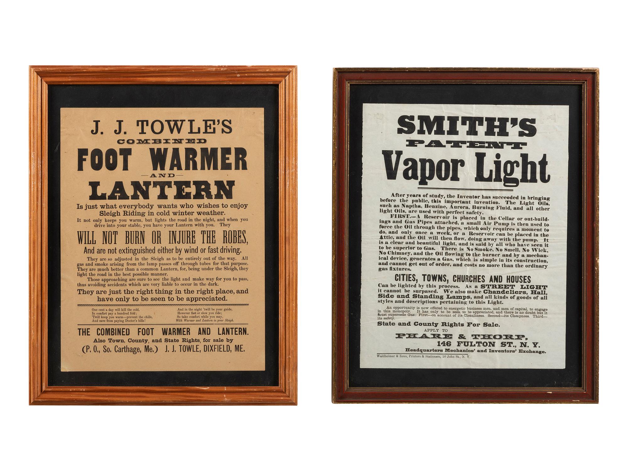 [ADVERTISING]. Pair of broadsides promoting inventions including a "Foot Warmer and Lantern."