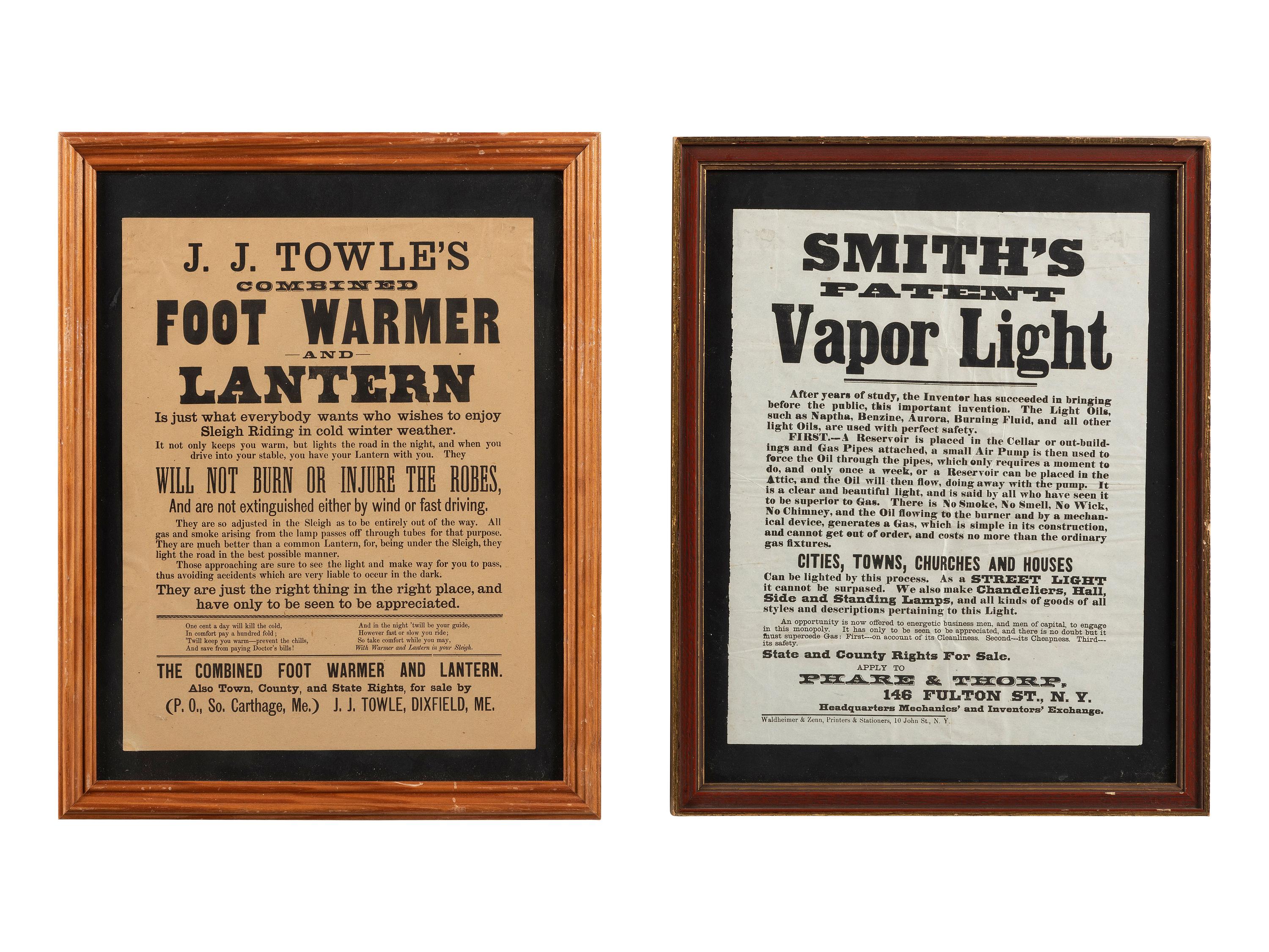 [ADVERTISING]. Pair of broadsides promoting inventions including a "Foot Warmer and Lantern."