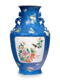 A Chinese Powder Blue Ground Famille Rose Porcelain Vase