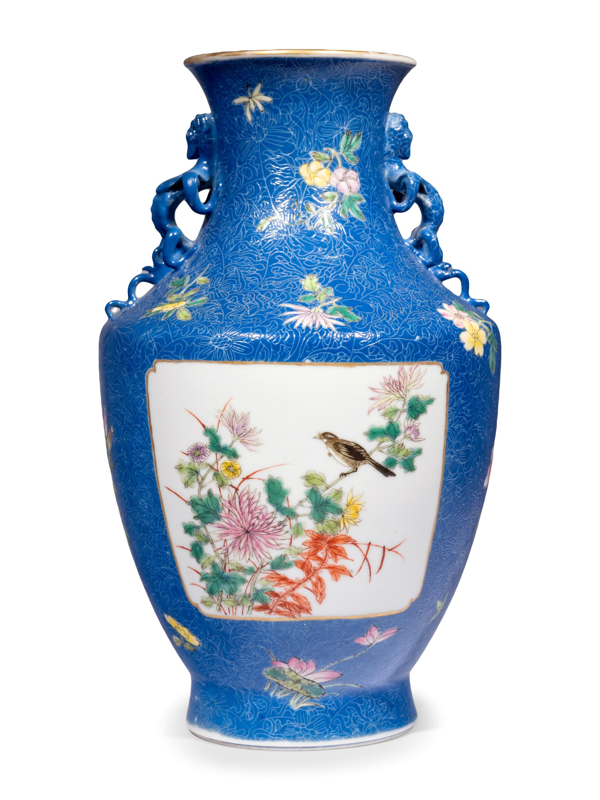 A Chinese Powder Blue Ground Famille Rose Porcelain Vase