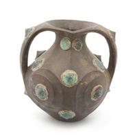An Ethnographic Wood and Cast Metal Vessel Height 12 inches.