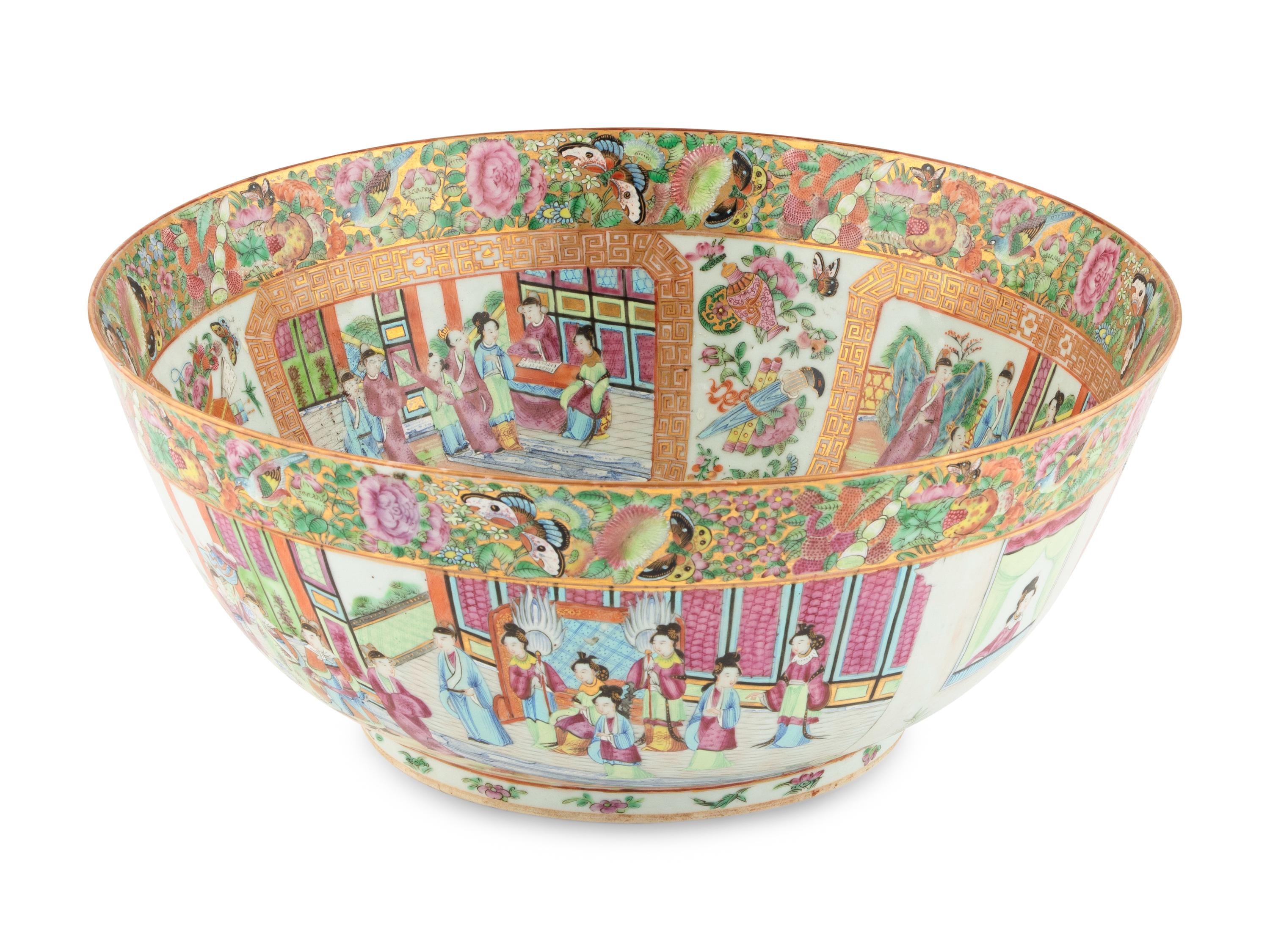 A Large Chinese Export Rose Medallion Porcelain Punch Bowl